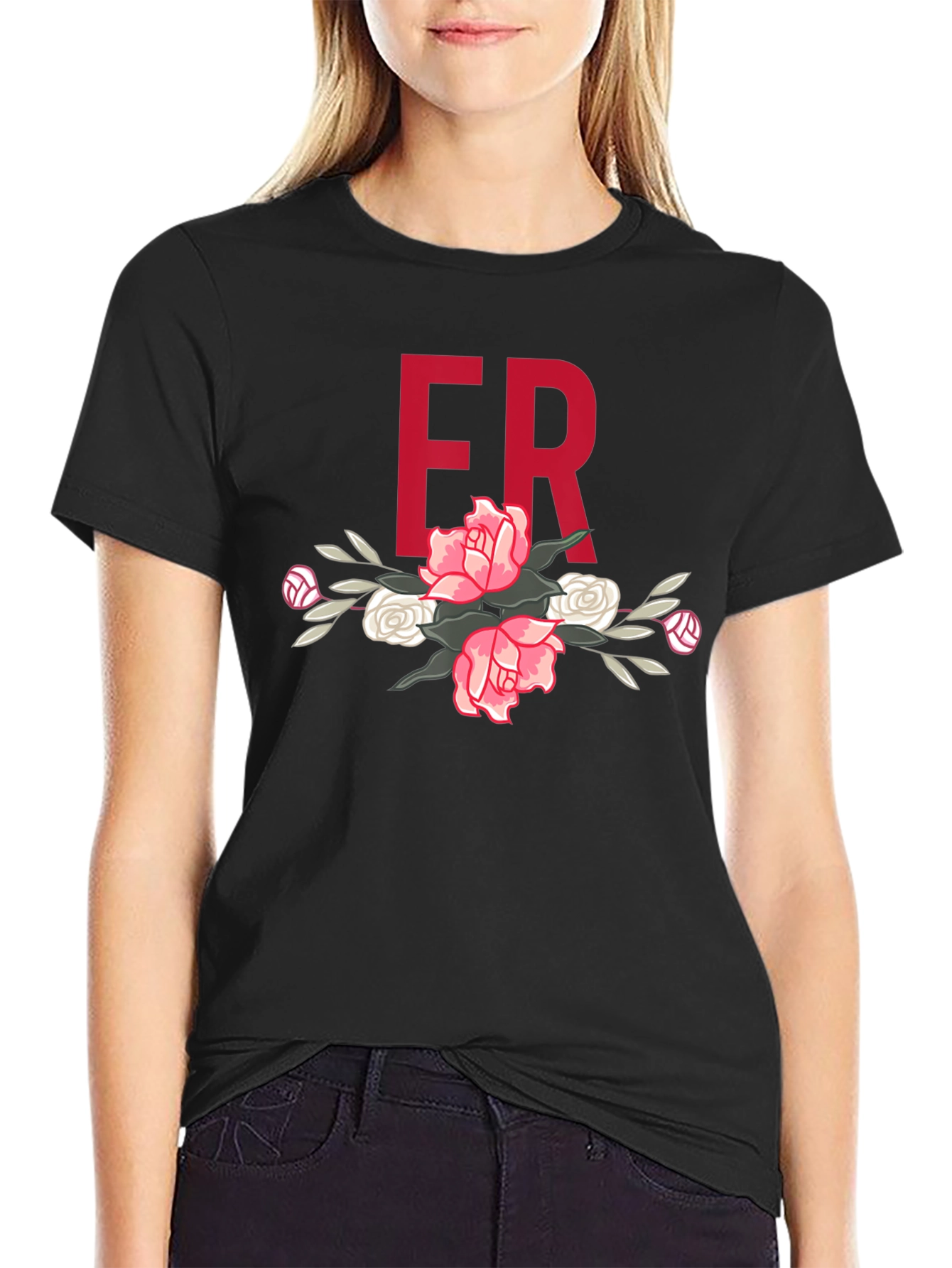 Floral ER Initial T-Shirt - Stylish Black Tee