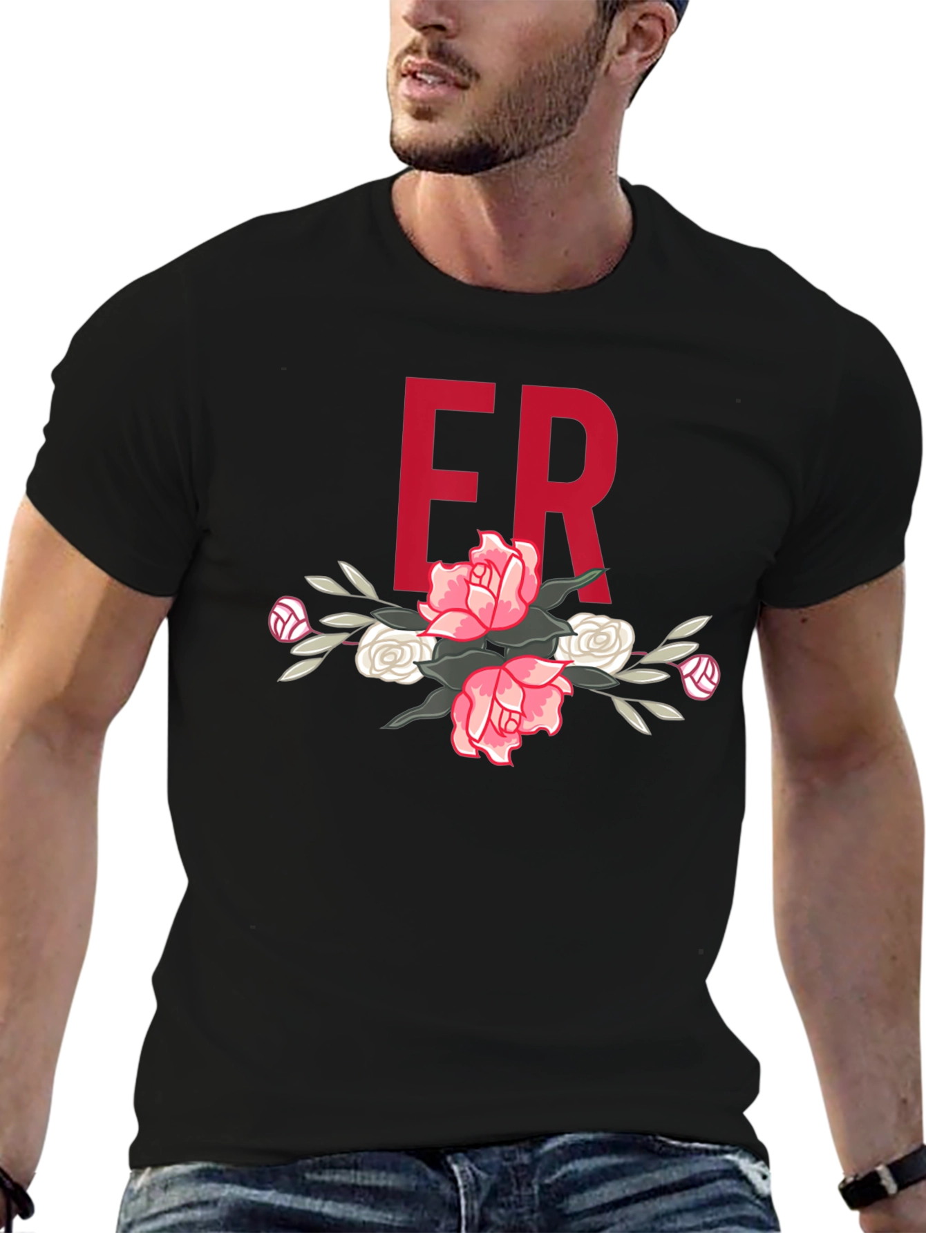 Floral ER Initial T-Shirt - Stylish Black Tee