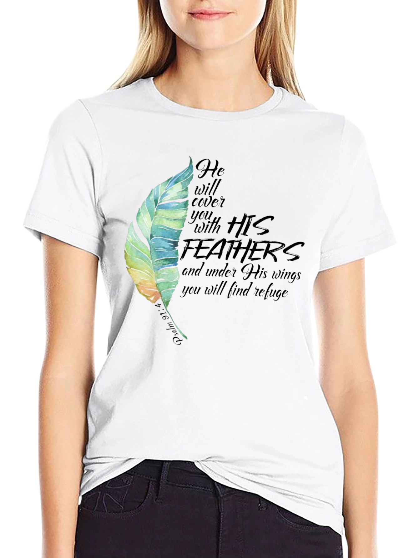 Feather Psalm 91:4 Christian Black T-Shirt