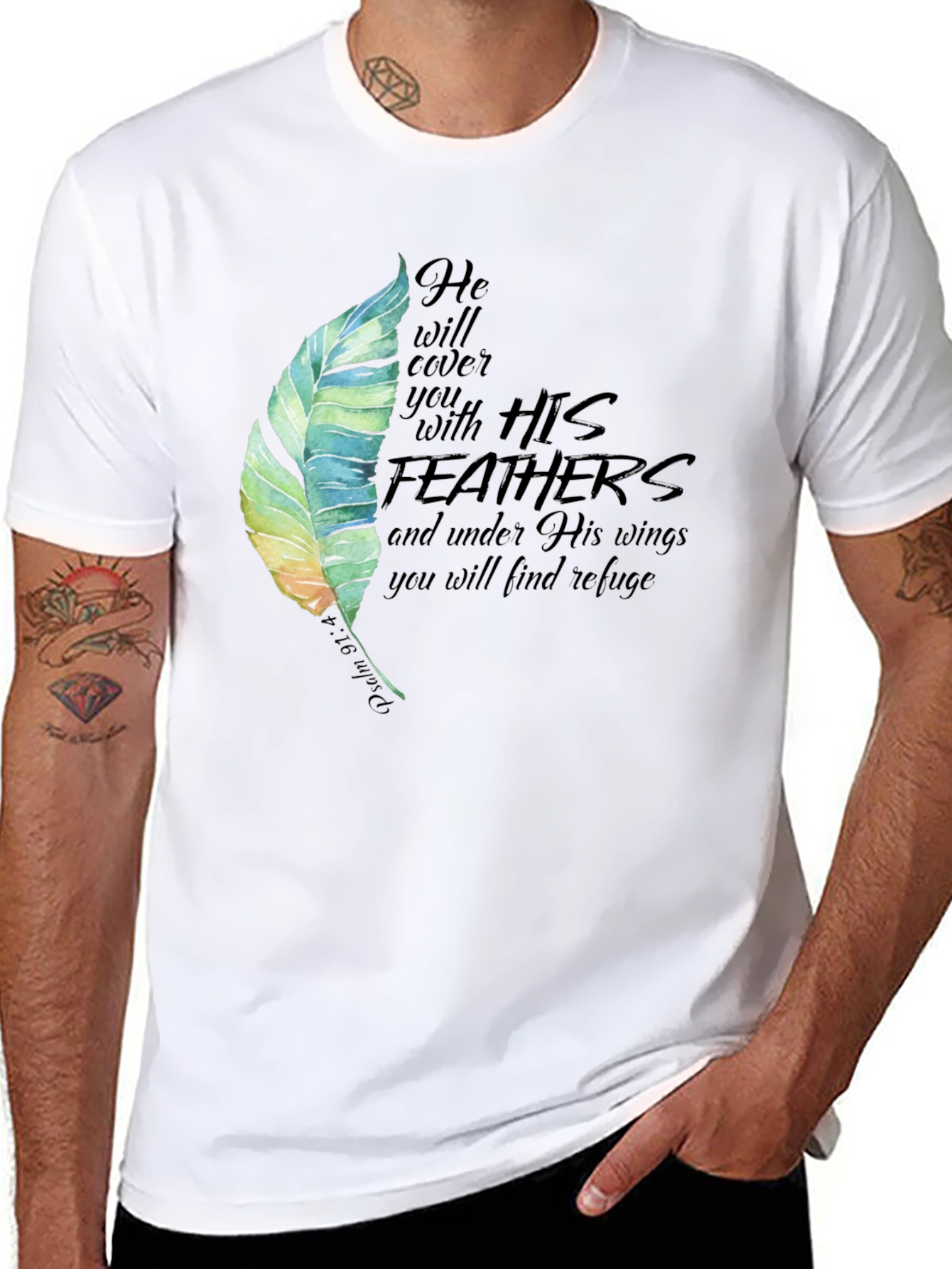 Feather Psalm 91:4 Christian Black T-Shirt