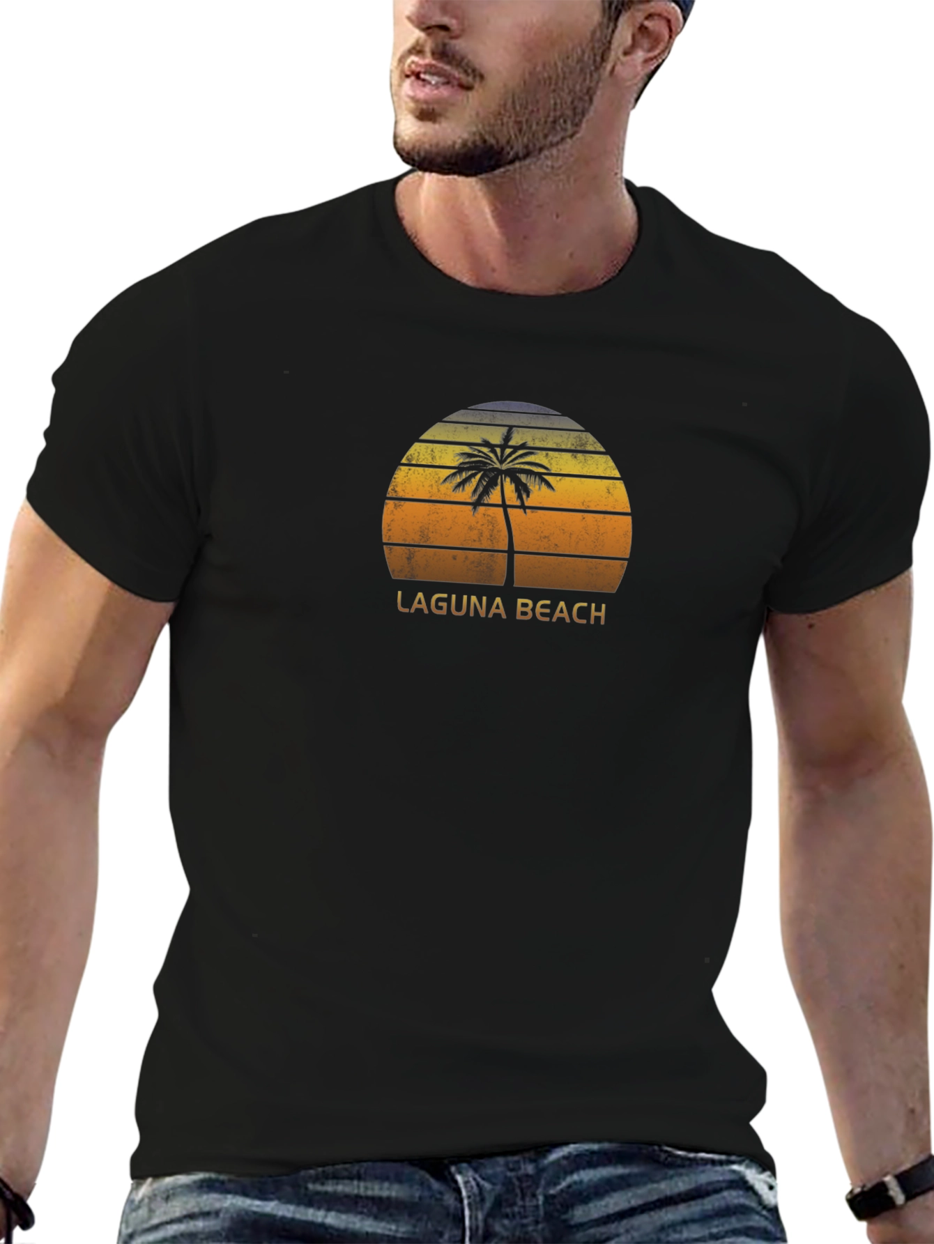 Laguna Beach Palm Tree Sunset Black T-Shirt