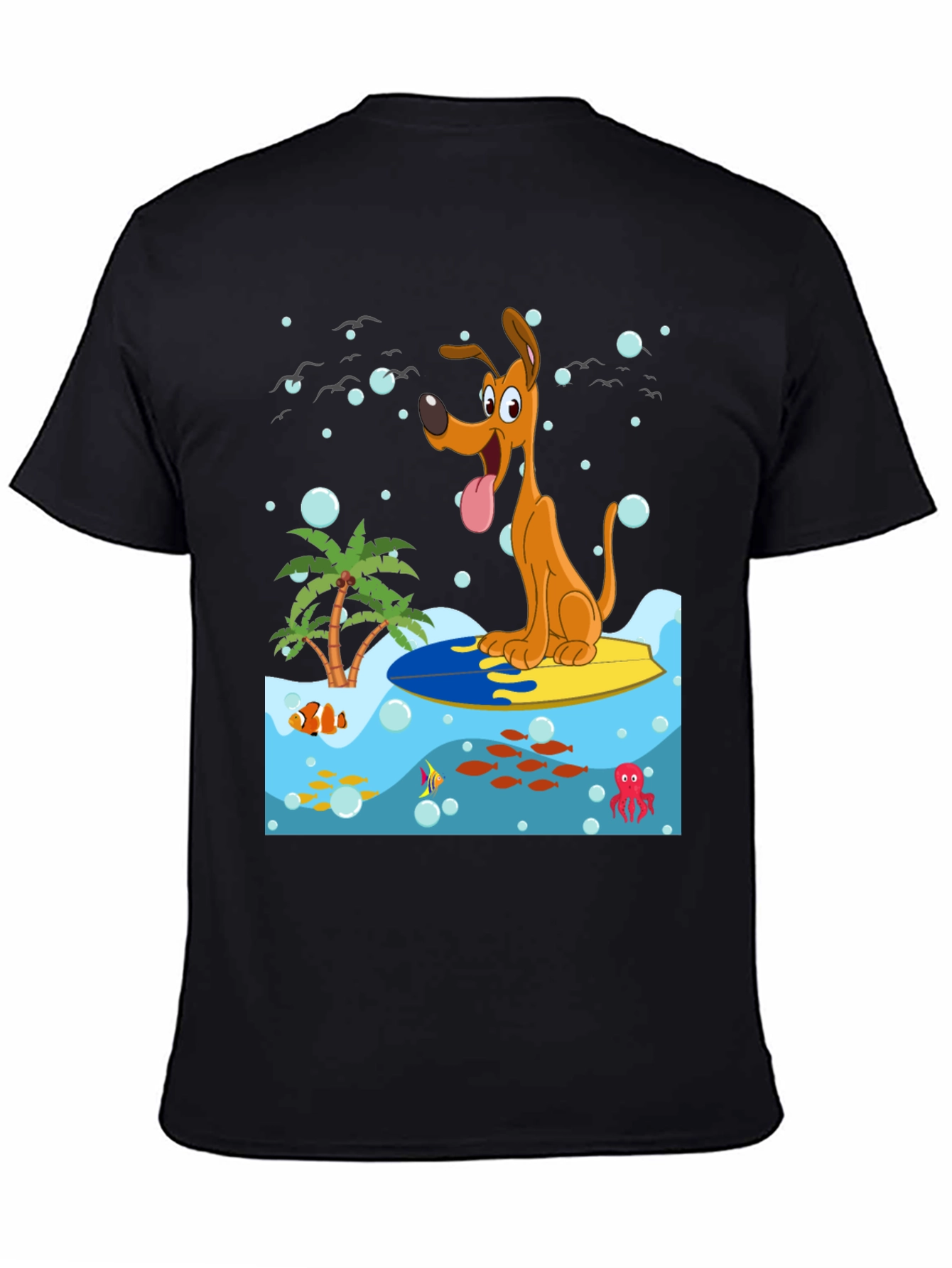 Surfing Dog Graphic Tee - Black Cotton Shirt