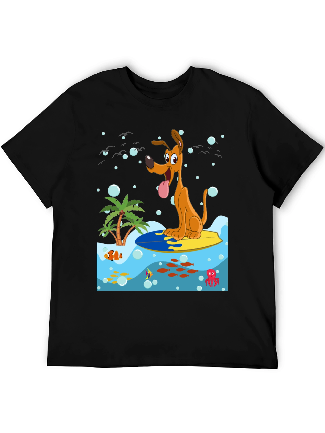 Surfing Dog Graphic Tee - Black Cotton Shirt