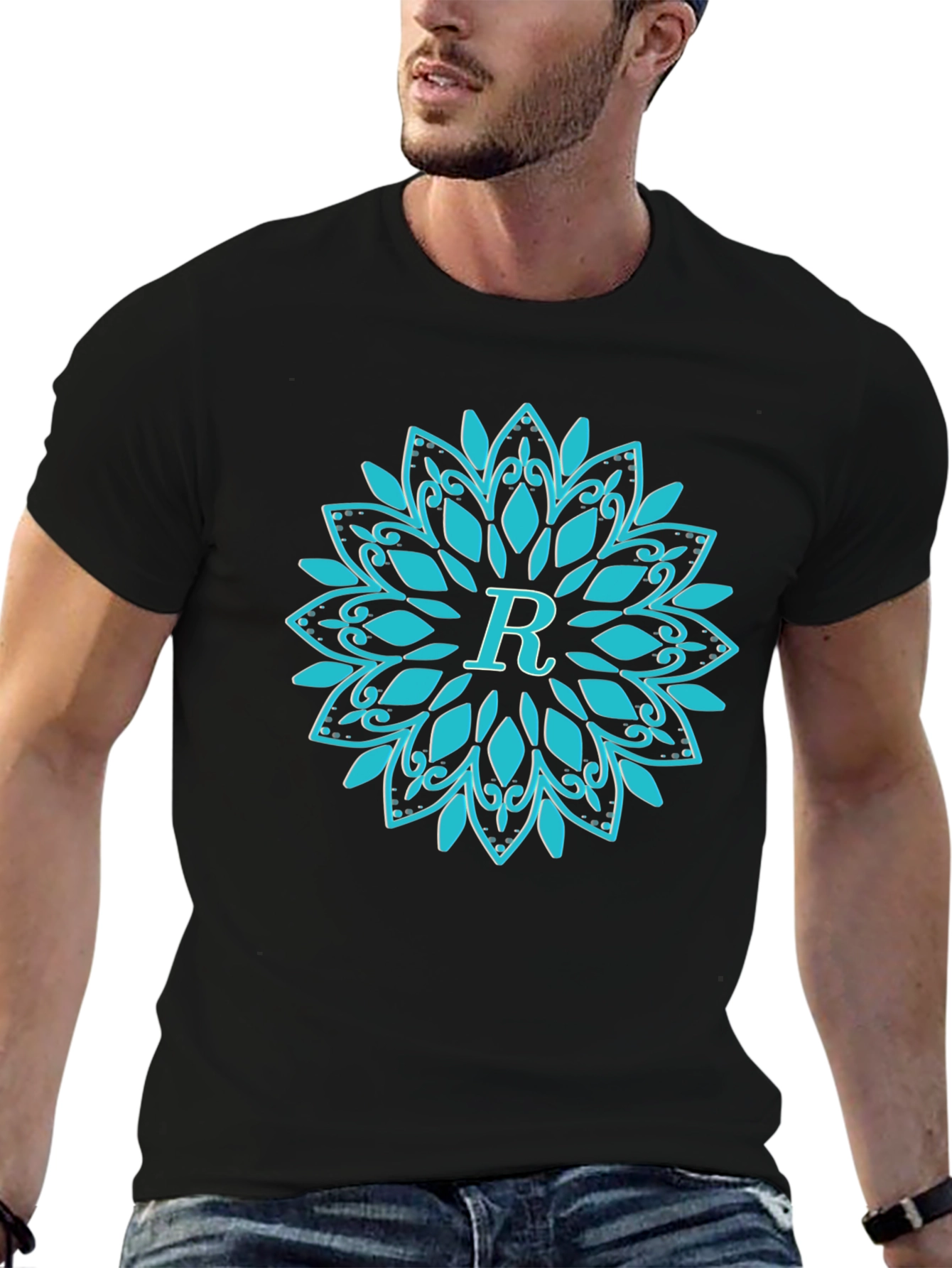 Initial R Mandala Design Black T-Shirt