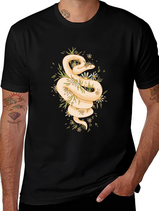 Snake & Flowers Graphic Tee - Mens Black T-Shirt