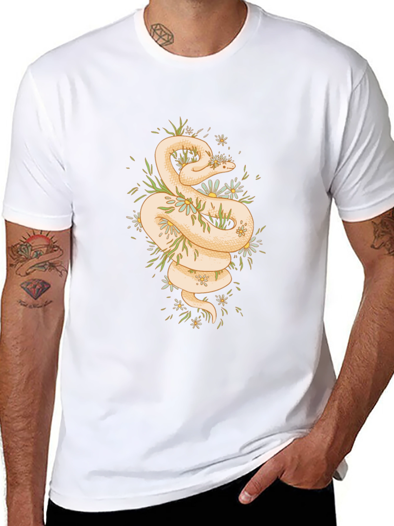Snake & Flowers Graphic Tee - Mens Black T-Shirt