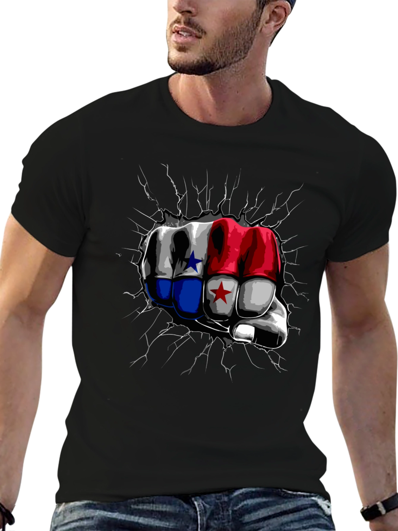 Panama Flag Fist Breaking Wall Mens Black T-Shirt