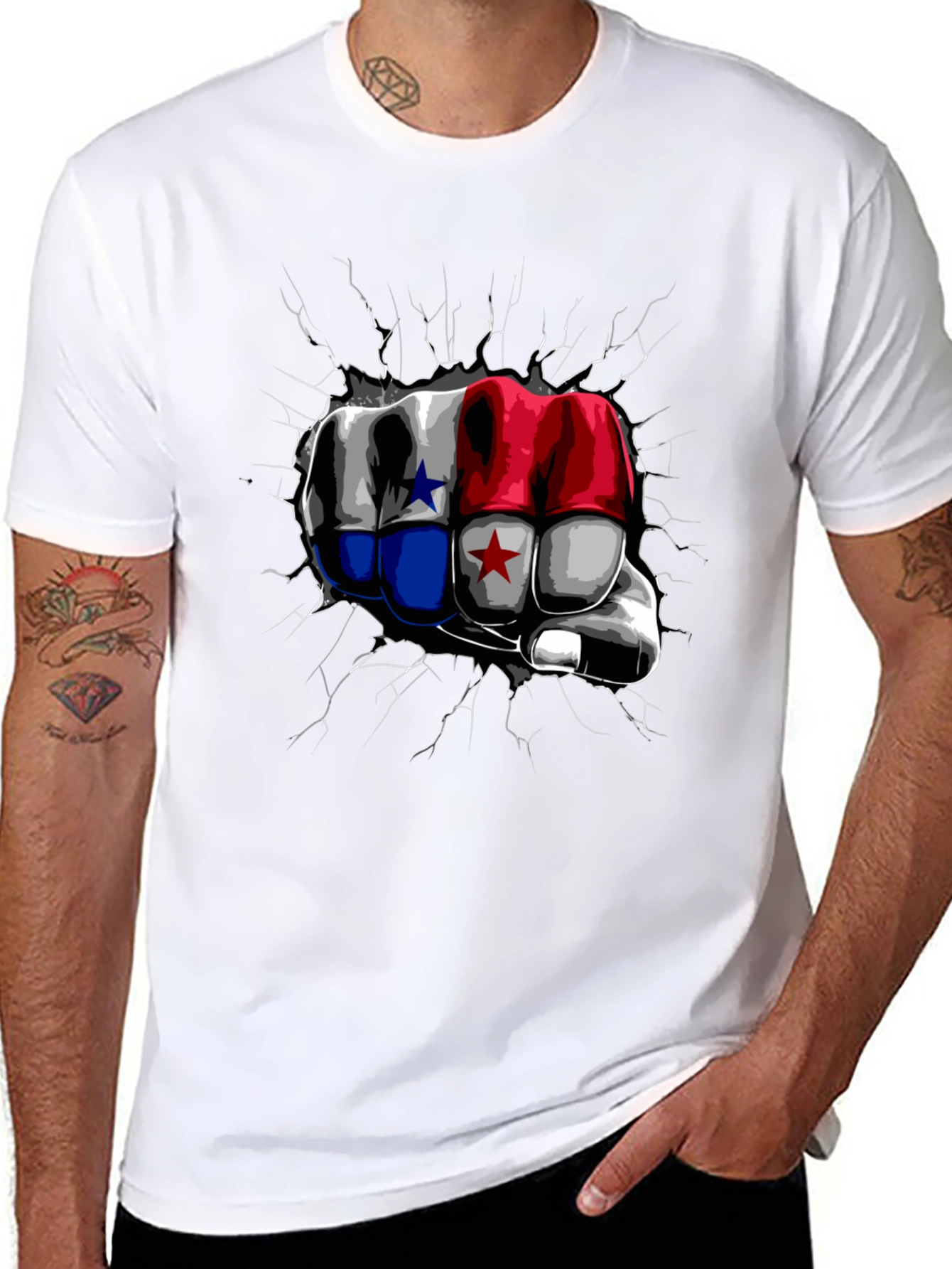 Panama Flag Fist Breaking Wall Mens Black T-Shirt