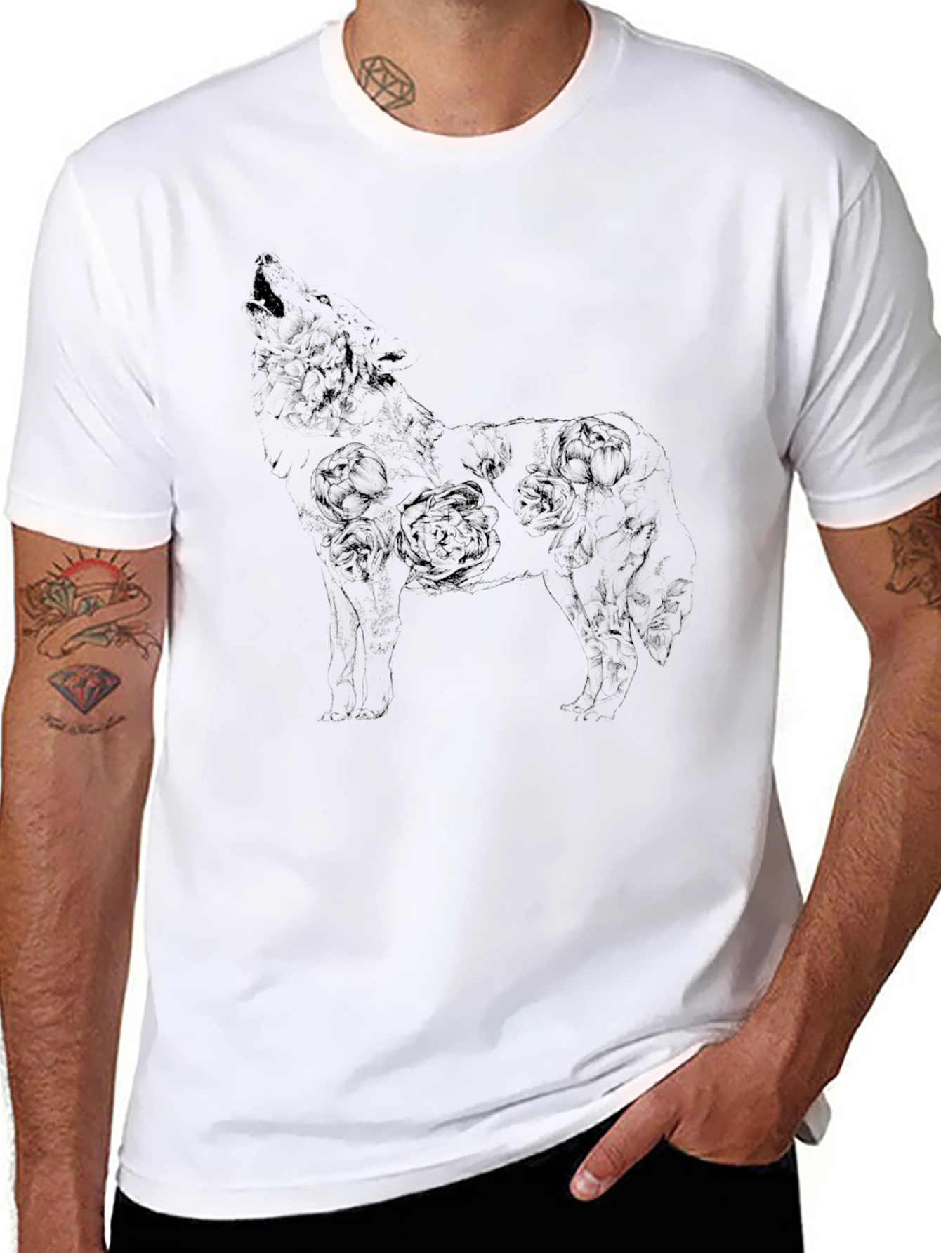 Floral Wolf Graphic Tee - Mens Black T-Shirt