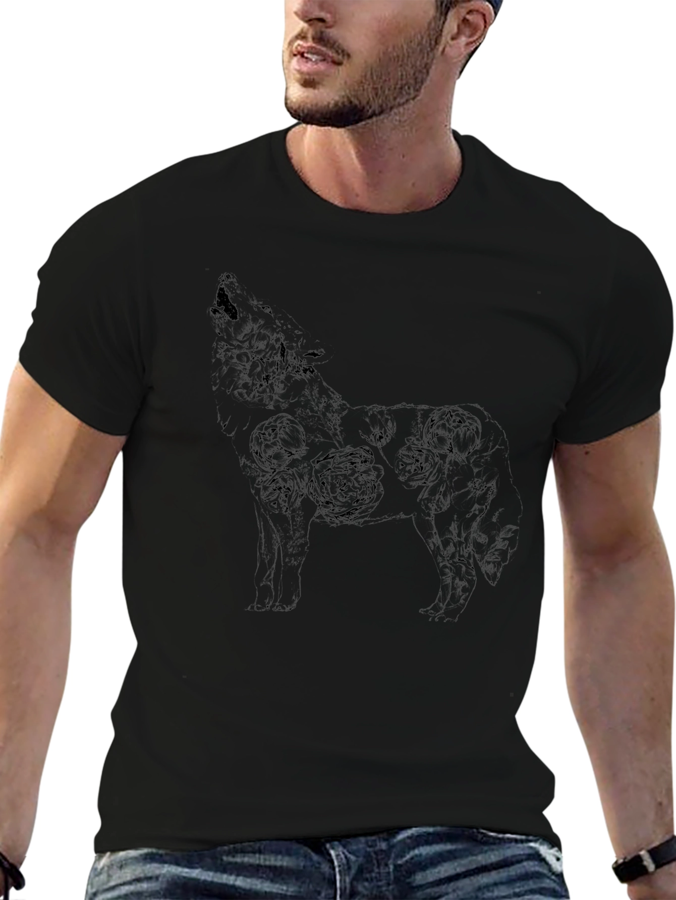 Floral Wolf Graphic Tee - Mens Black T-Shirt