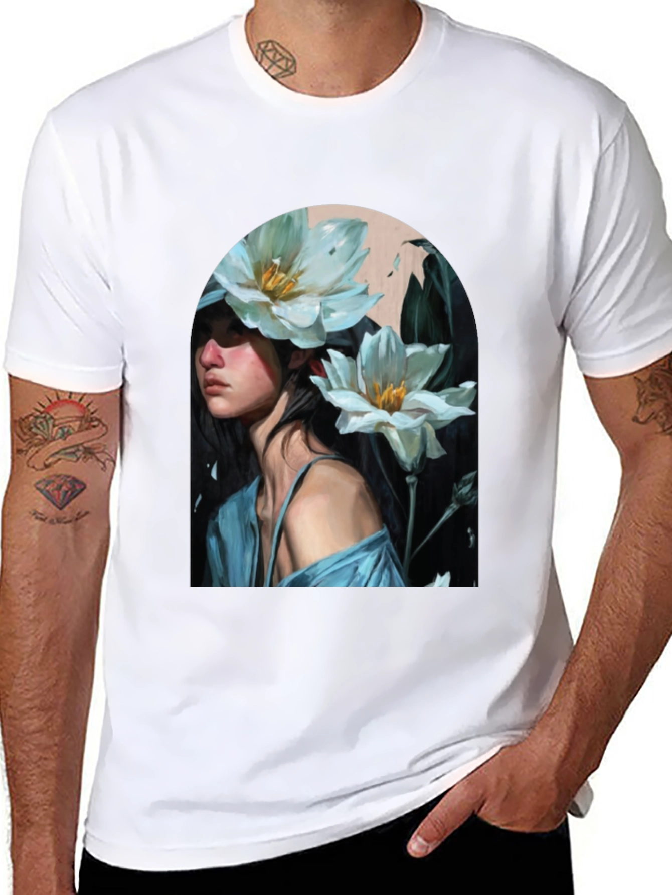Floral Portrait Black T-Shirt - Artistic Fashion