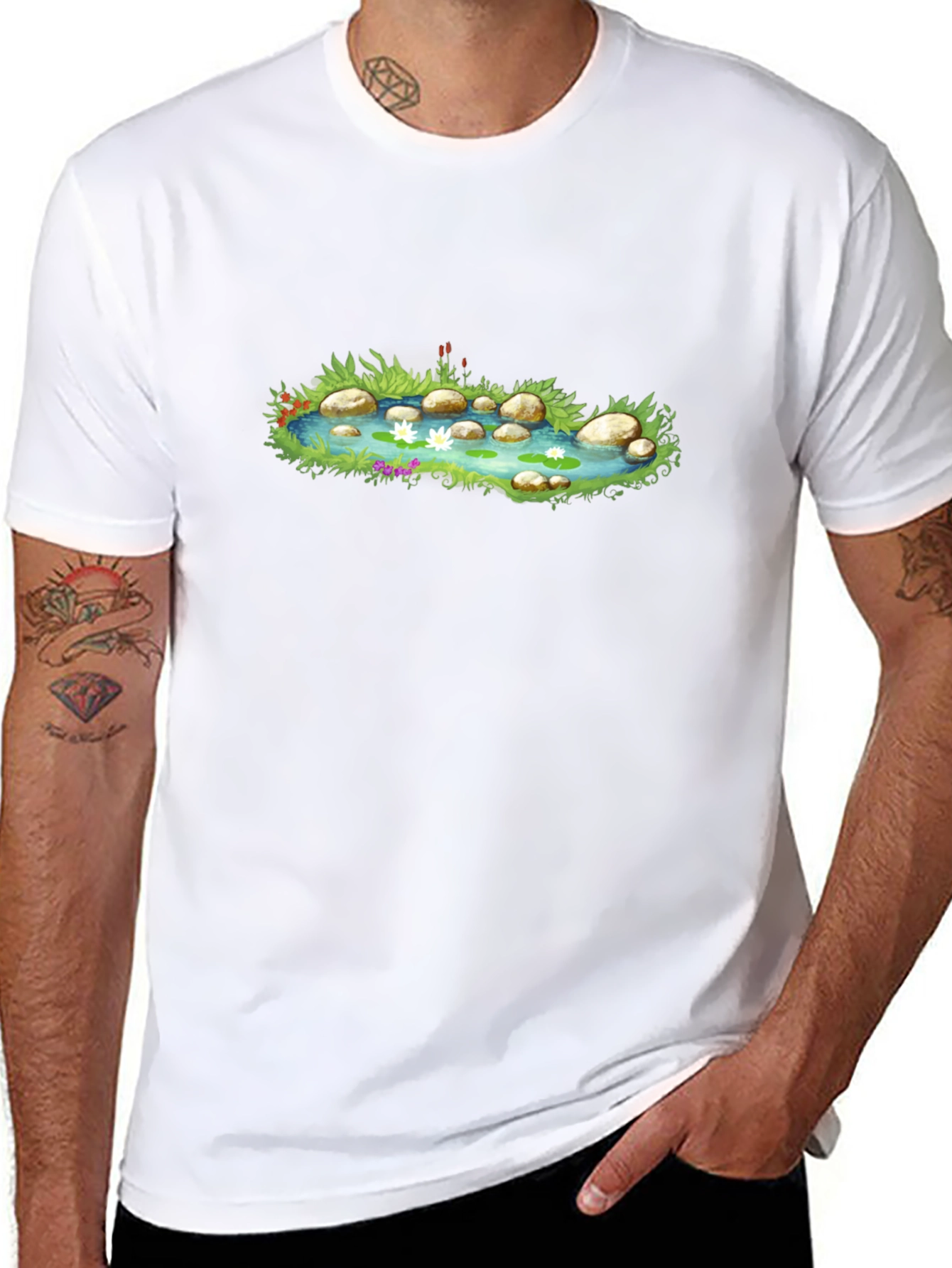 Pond Scene Graphic Tee - Black Cotton Blend T-Shirt