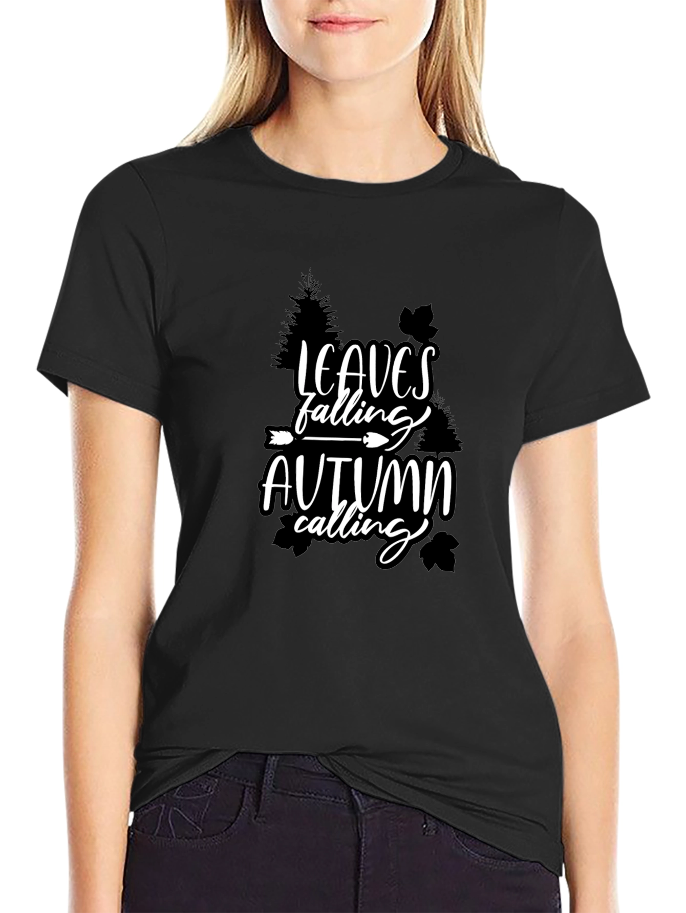 Leaves Falling Autumn Calling Graphic Tee - Black