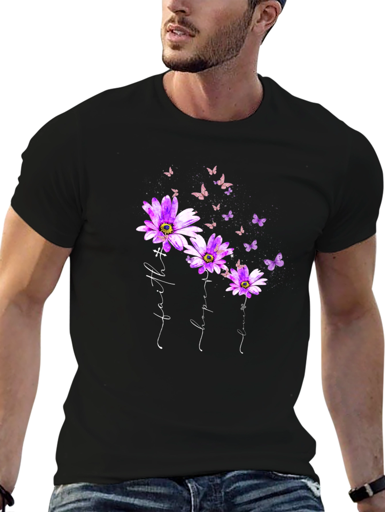 Faith Hope Love Butterfly Flower Black T-Shirt