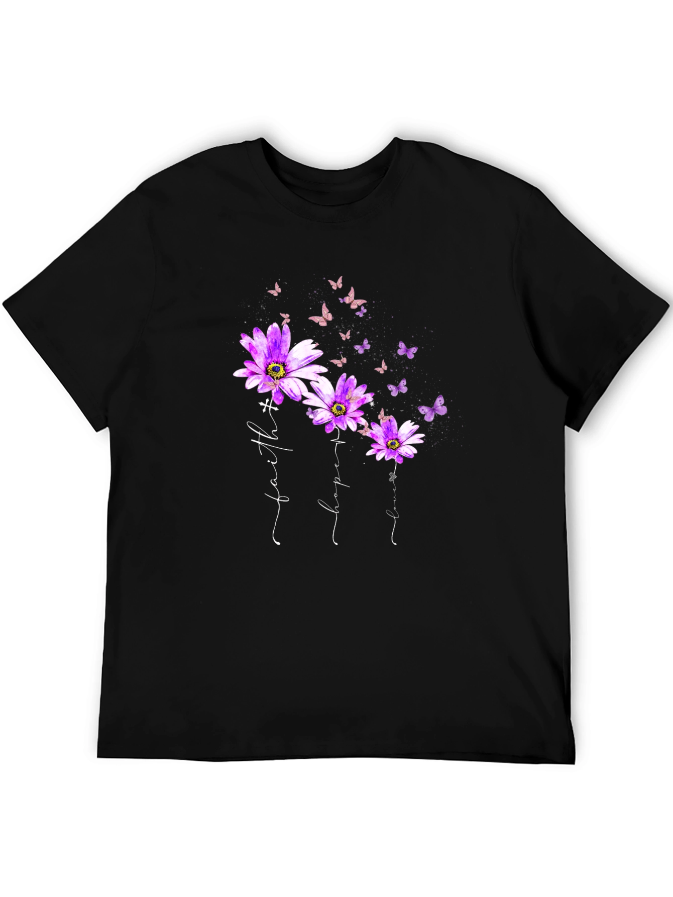 Faith Hope Love Butterfly Flower Black T-Shirt