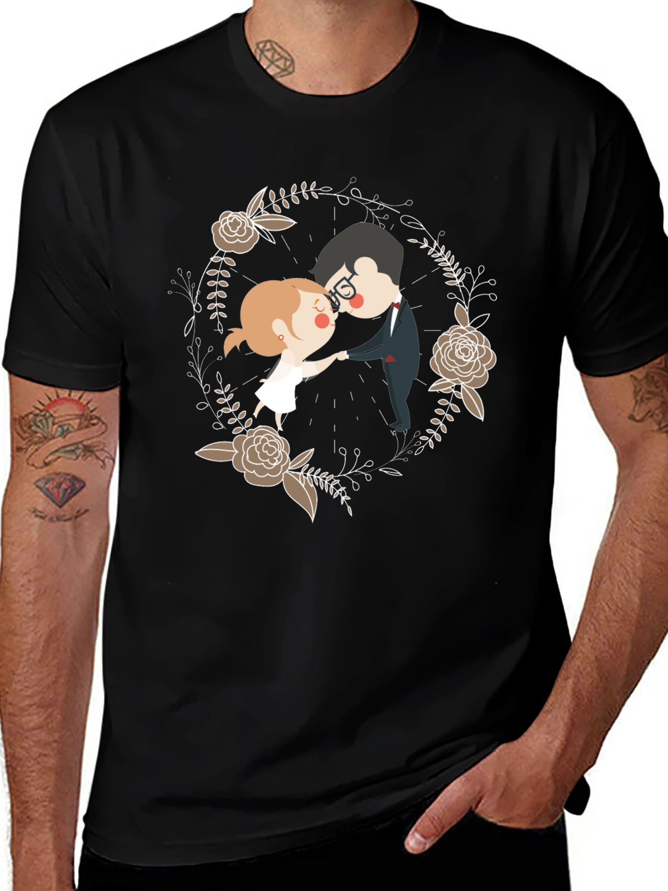 Romantic Couple Floral Wreath T-Shirt