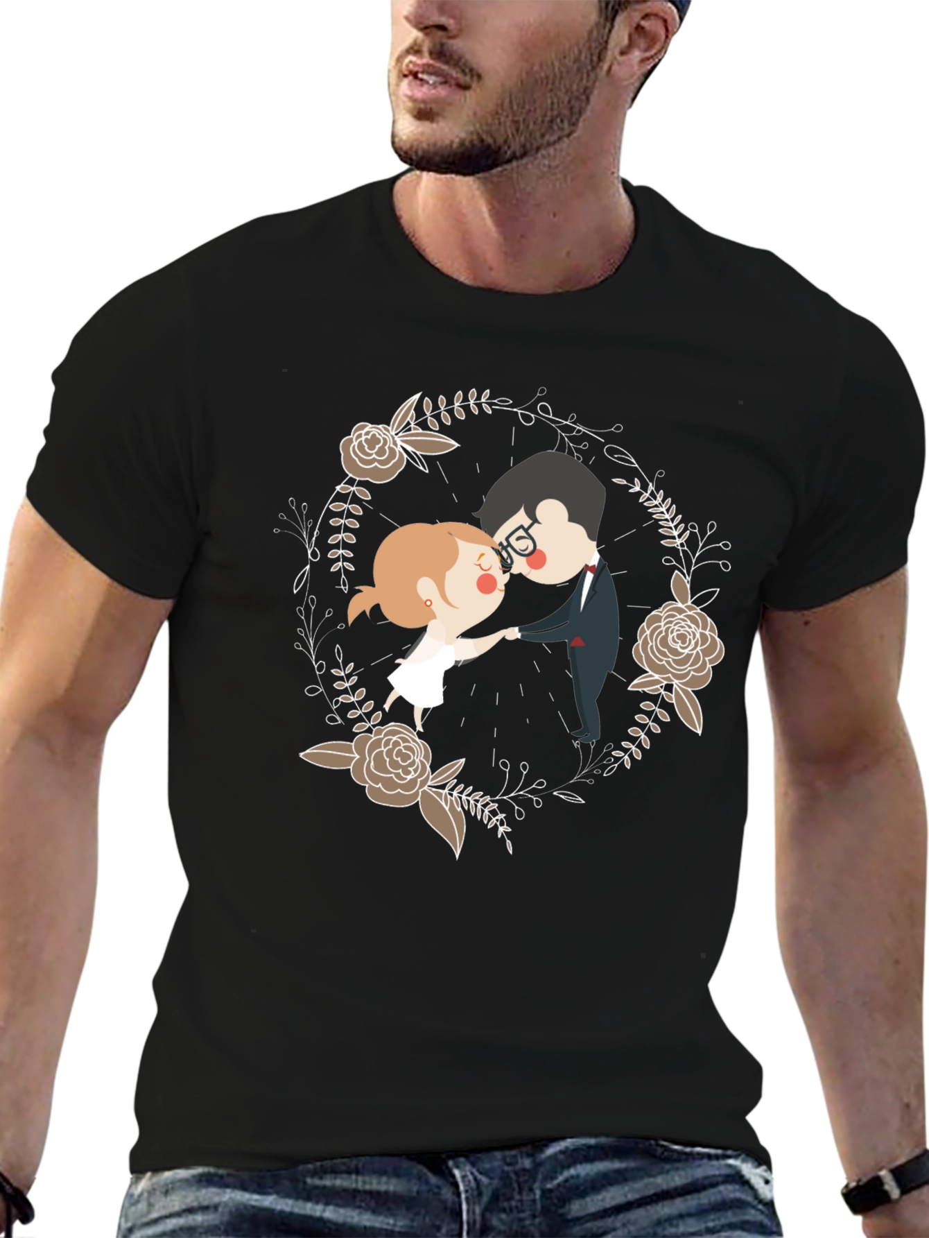 Romantic Couple Floral Wreath T-Shirt