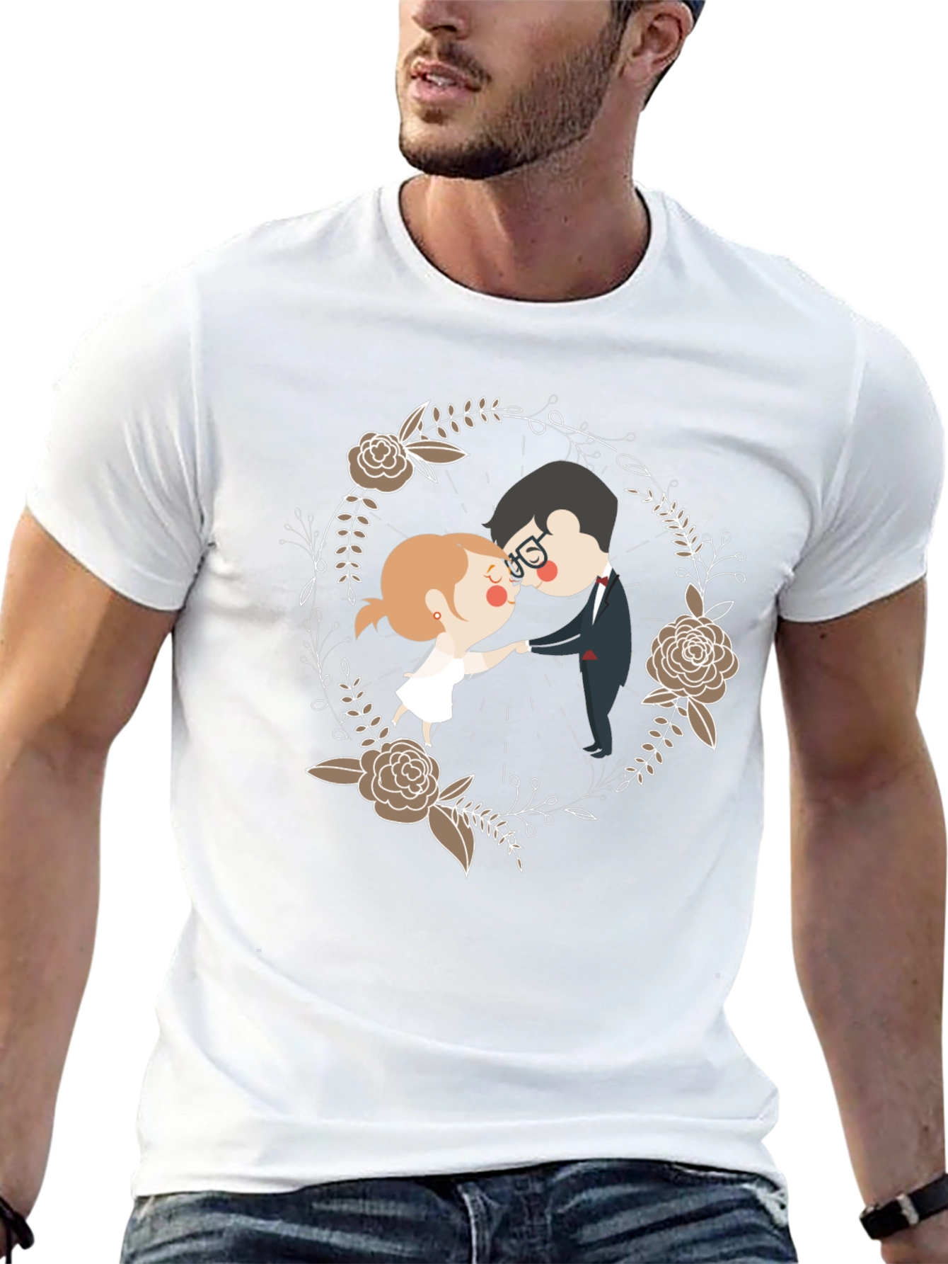 Romantic Couple Floral Wreath T-Shirt