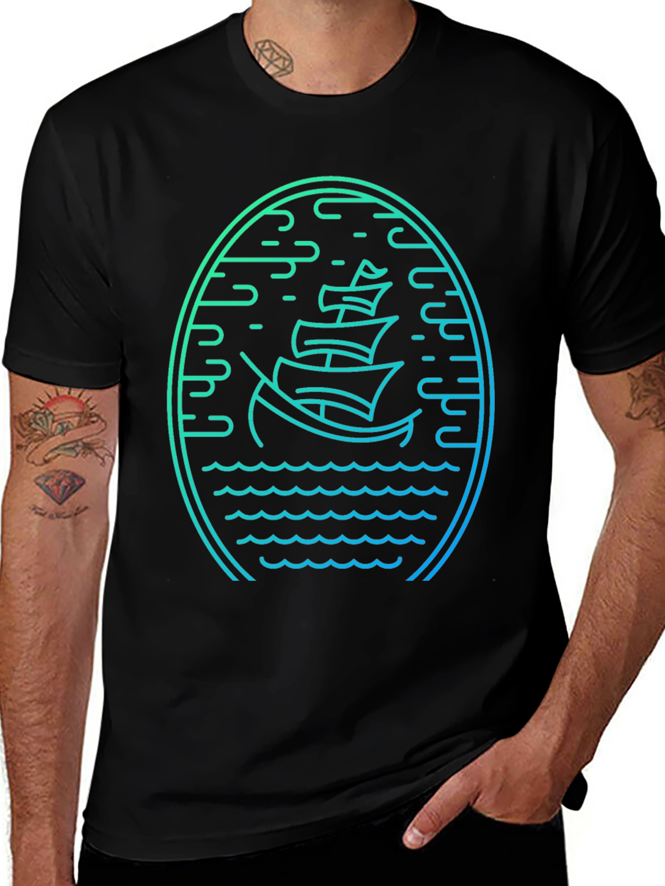 Nautical Boat Graphic Tee - Mens Black T-Shirt