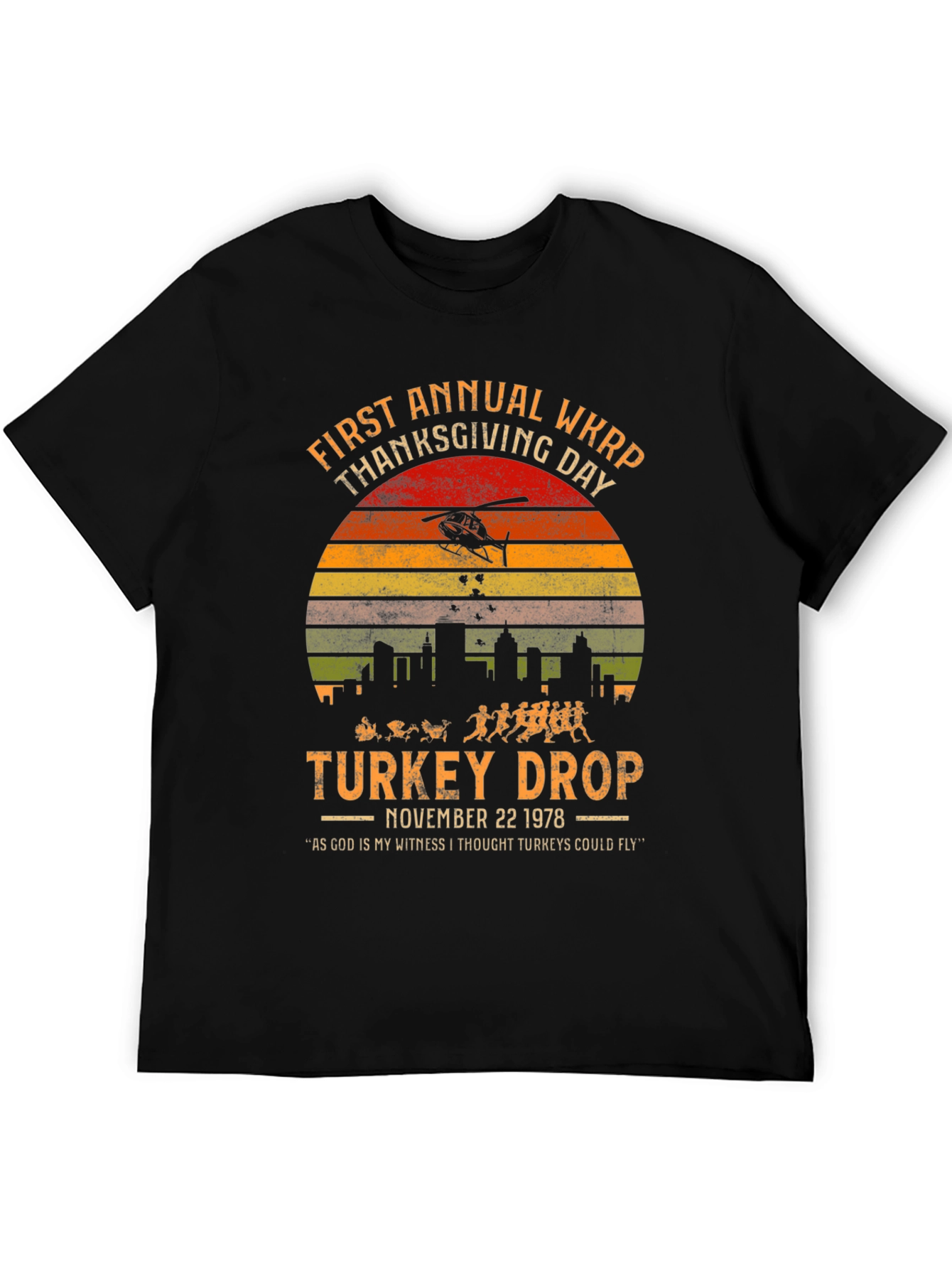 WKRP Thanksgiving Day Turkey Drop Black T-Shirt
