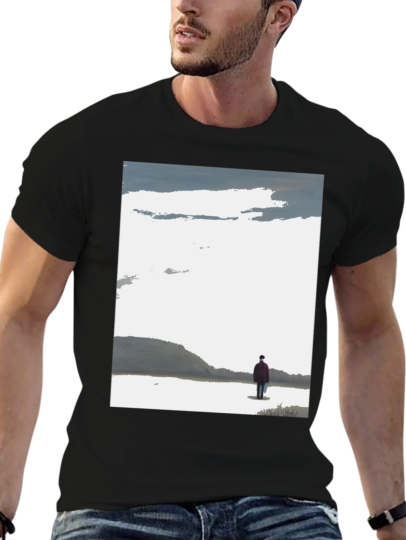 Contemplative Black T-Shirt with Landscape Print