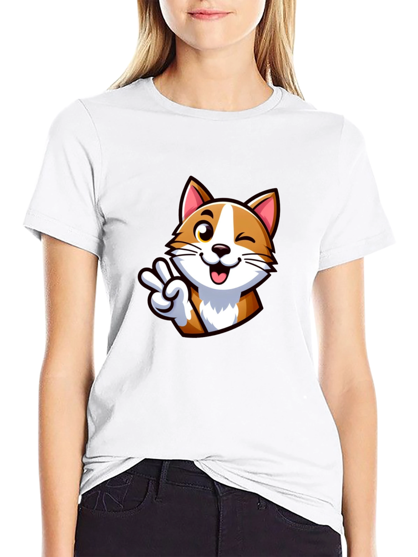 Cute Cartoon Cat Peace Sign Black T-Shirt