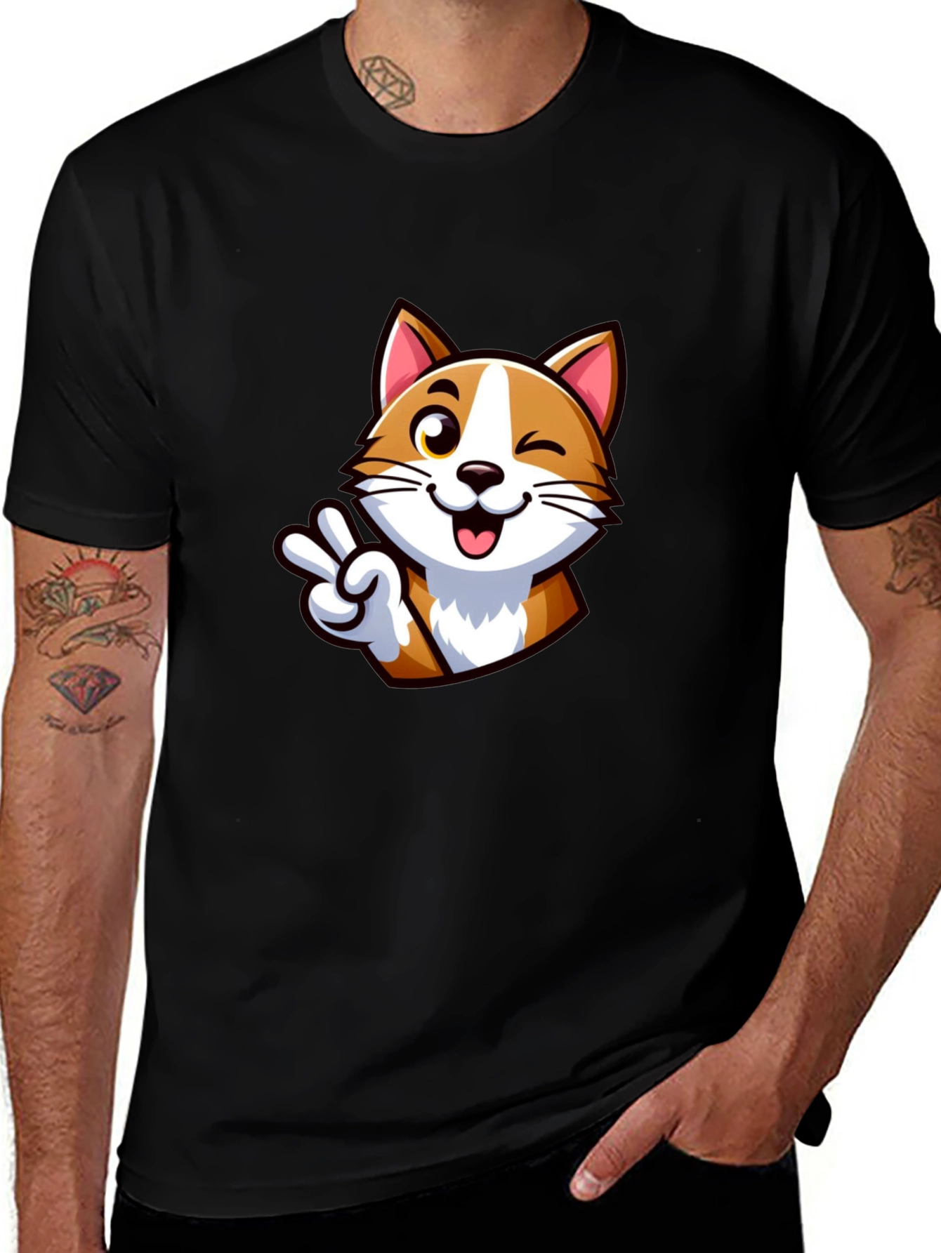Cute Cartoon Cat Peace Sign Black T-Shirt