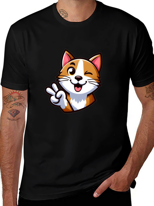 Cute Cartoon Cat Peace Sign Black T-Shirt