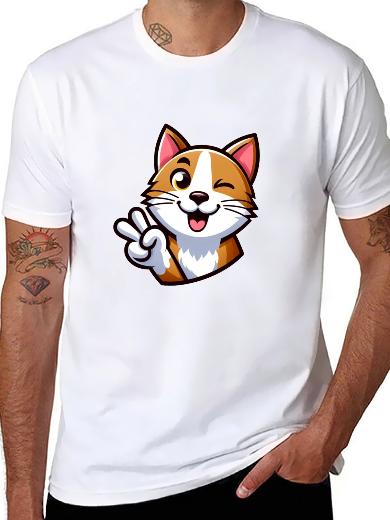 Cute Cartoon Cat Peace Sign Black T-Shirt