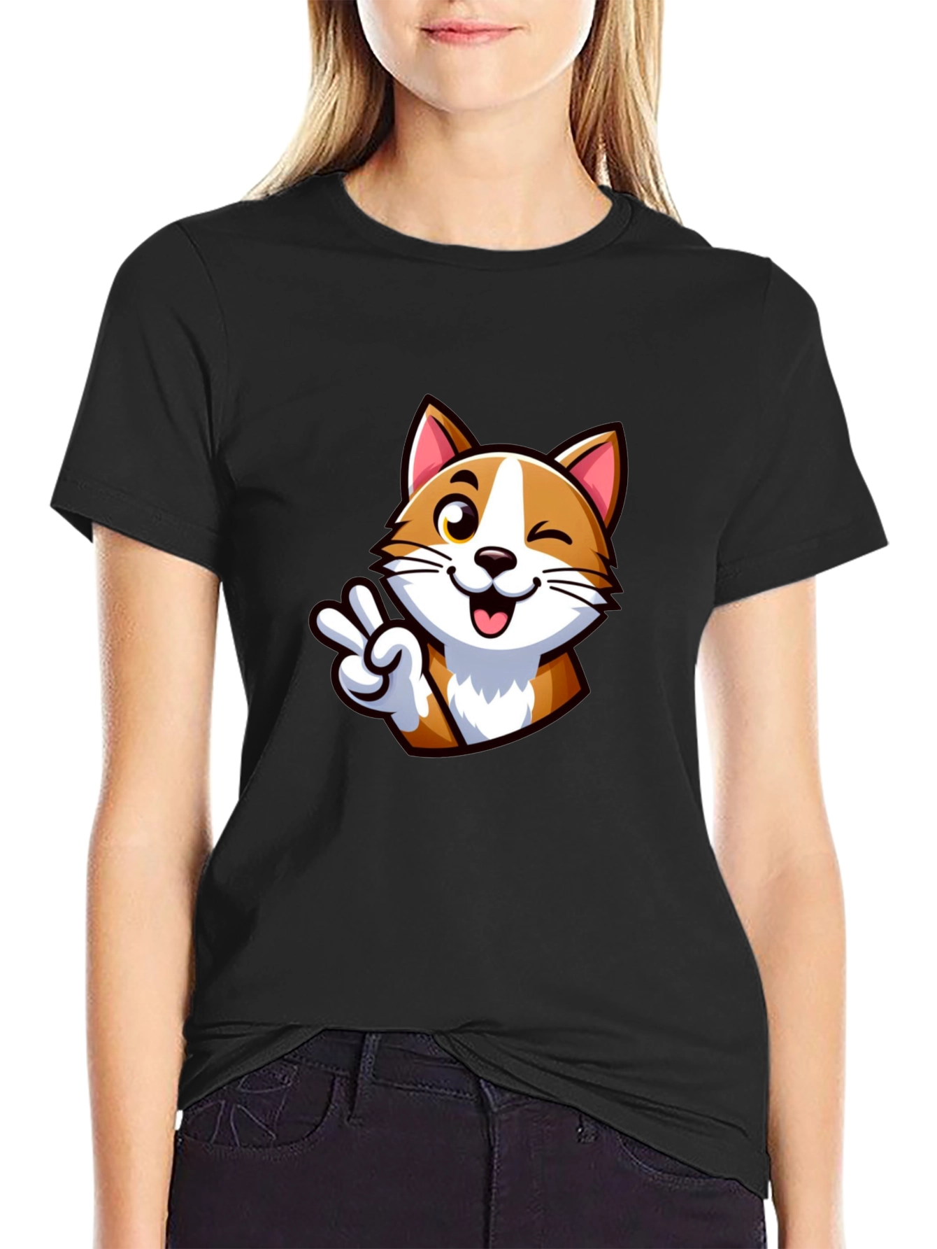Cute Cartoon Cat Peace Sign Black T-Shirt