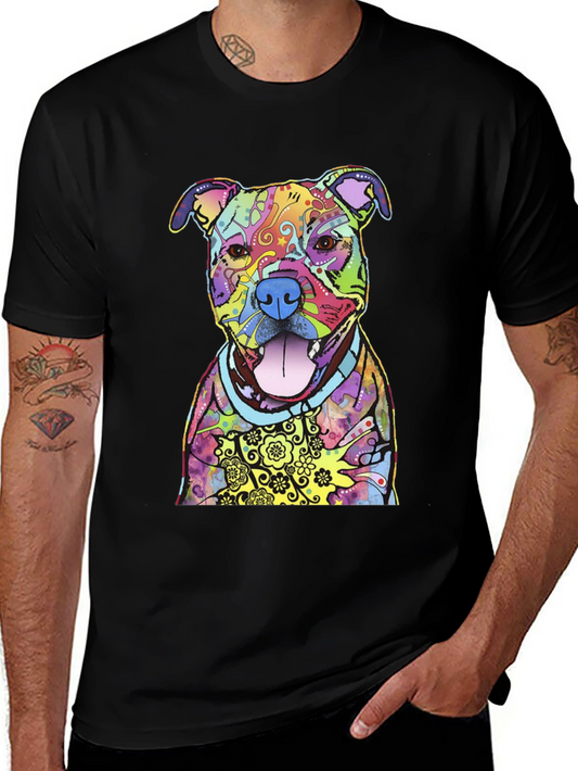 Colorful Pitbull Dog Graphic Print Black T-Shirt