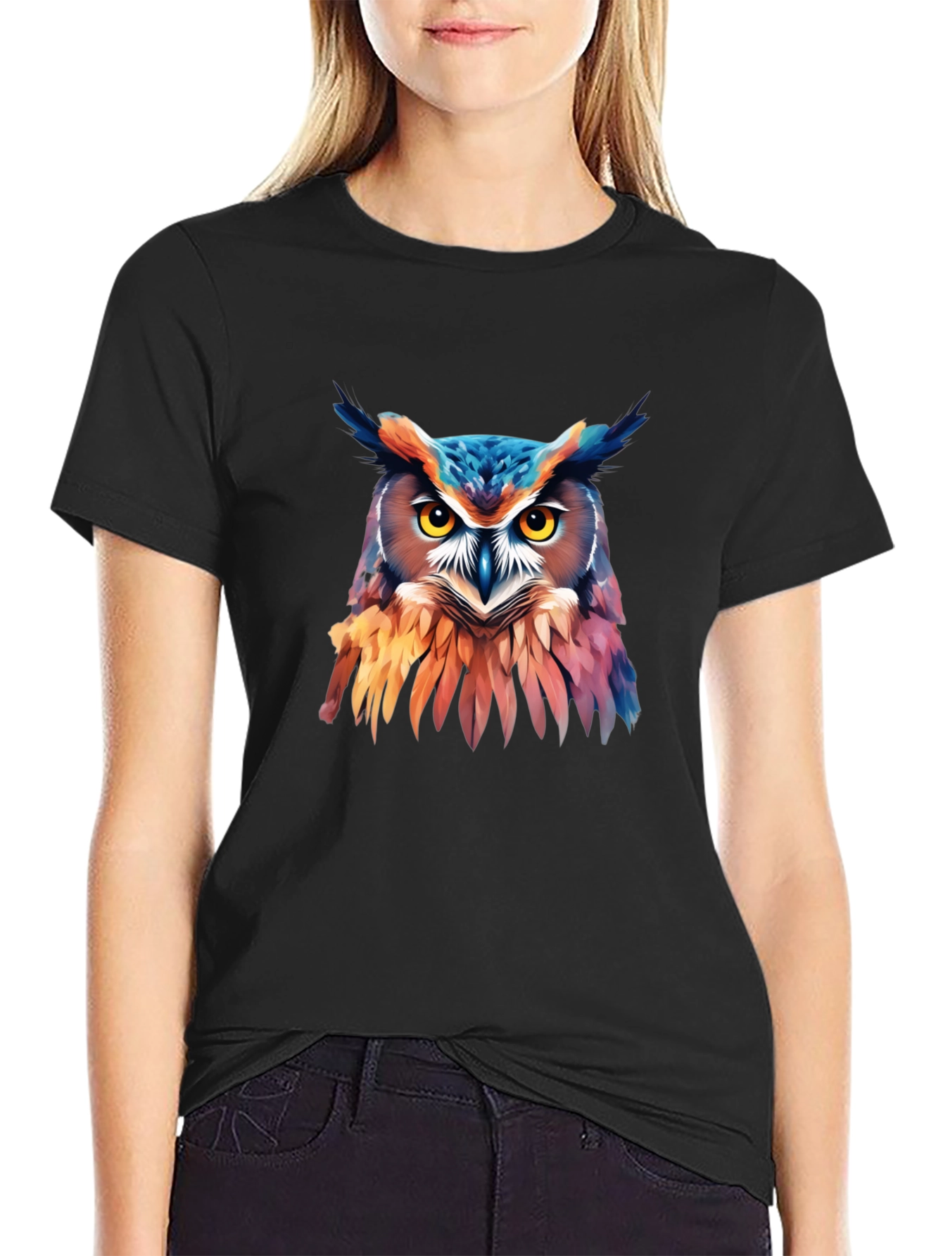 Vivid Owl Graphic Print Black T-Shirt