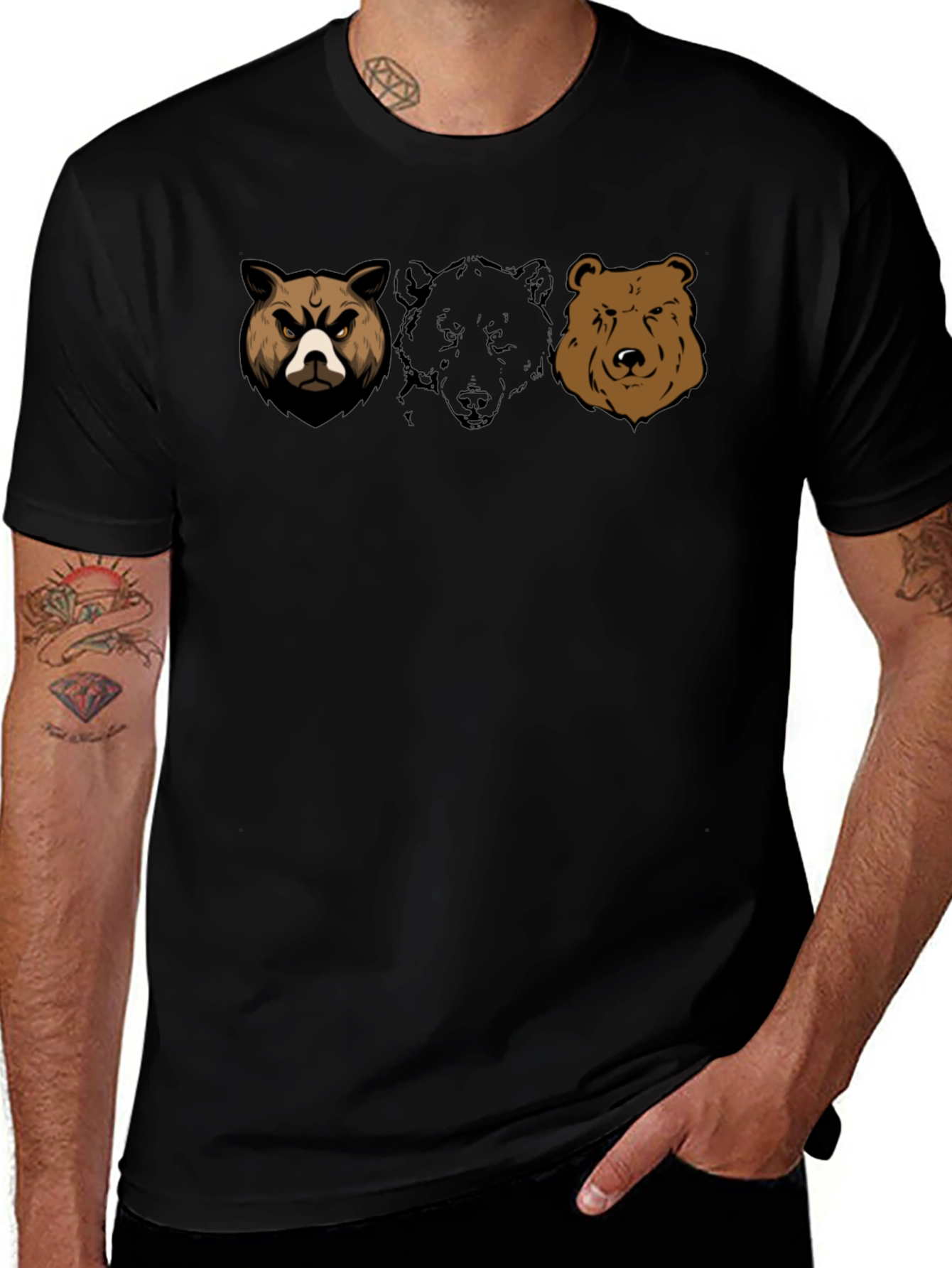 Bear Trio Graphic T-Shirt - Black Cotton Tee