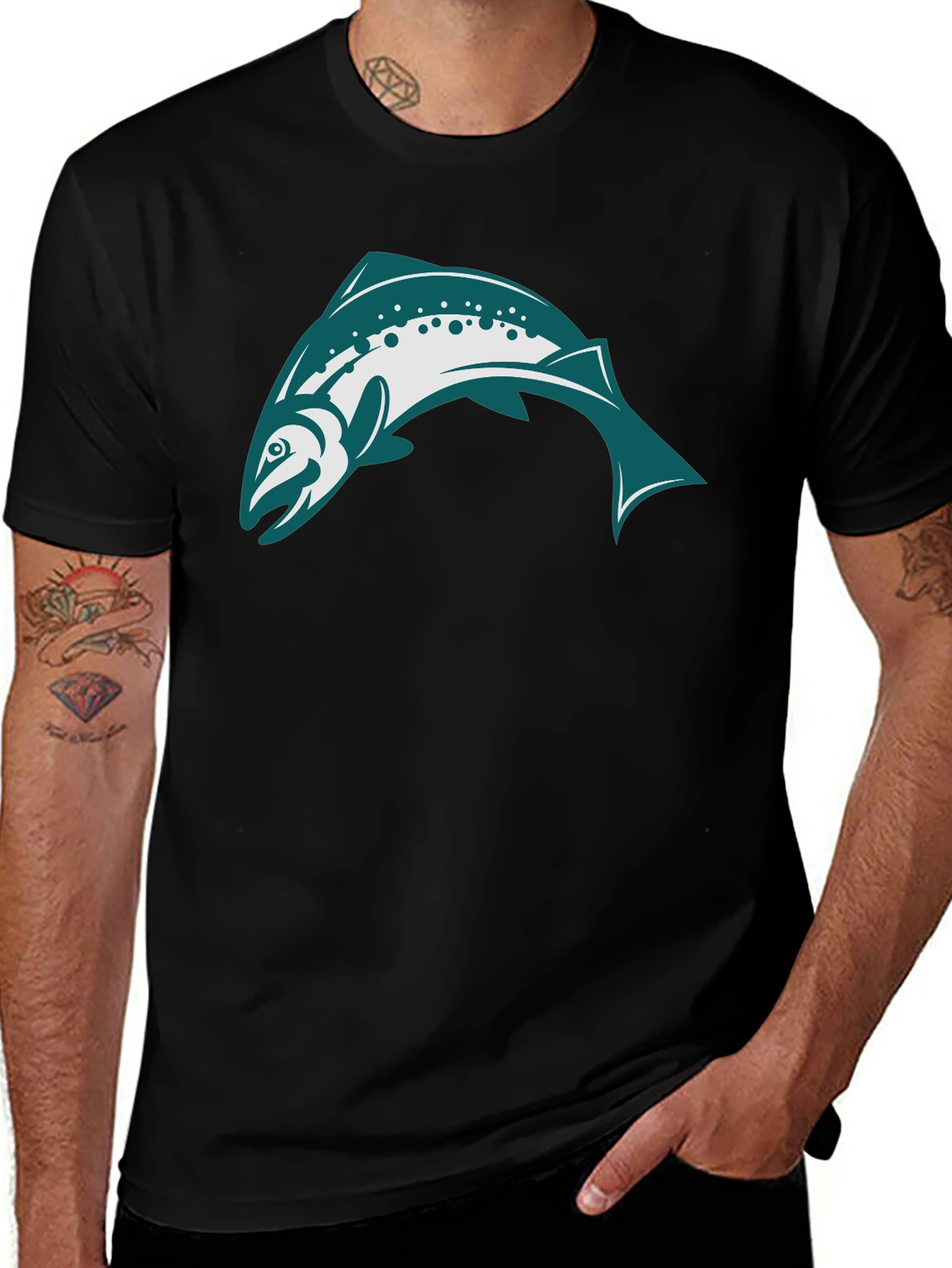 Black T-Shirt with Teal & White Fish Design