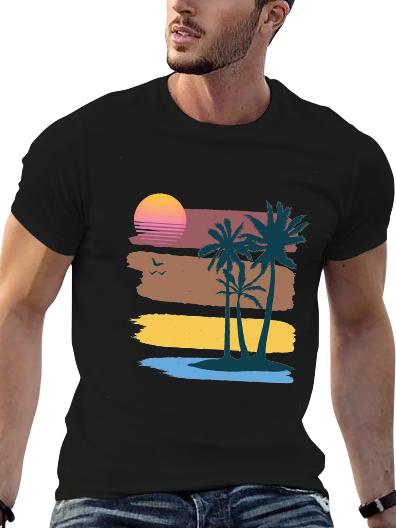 Retro Sunset Palm Tree Graphic Tee - Coastal Vibes