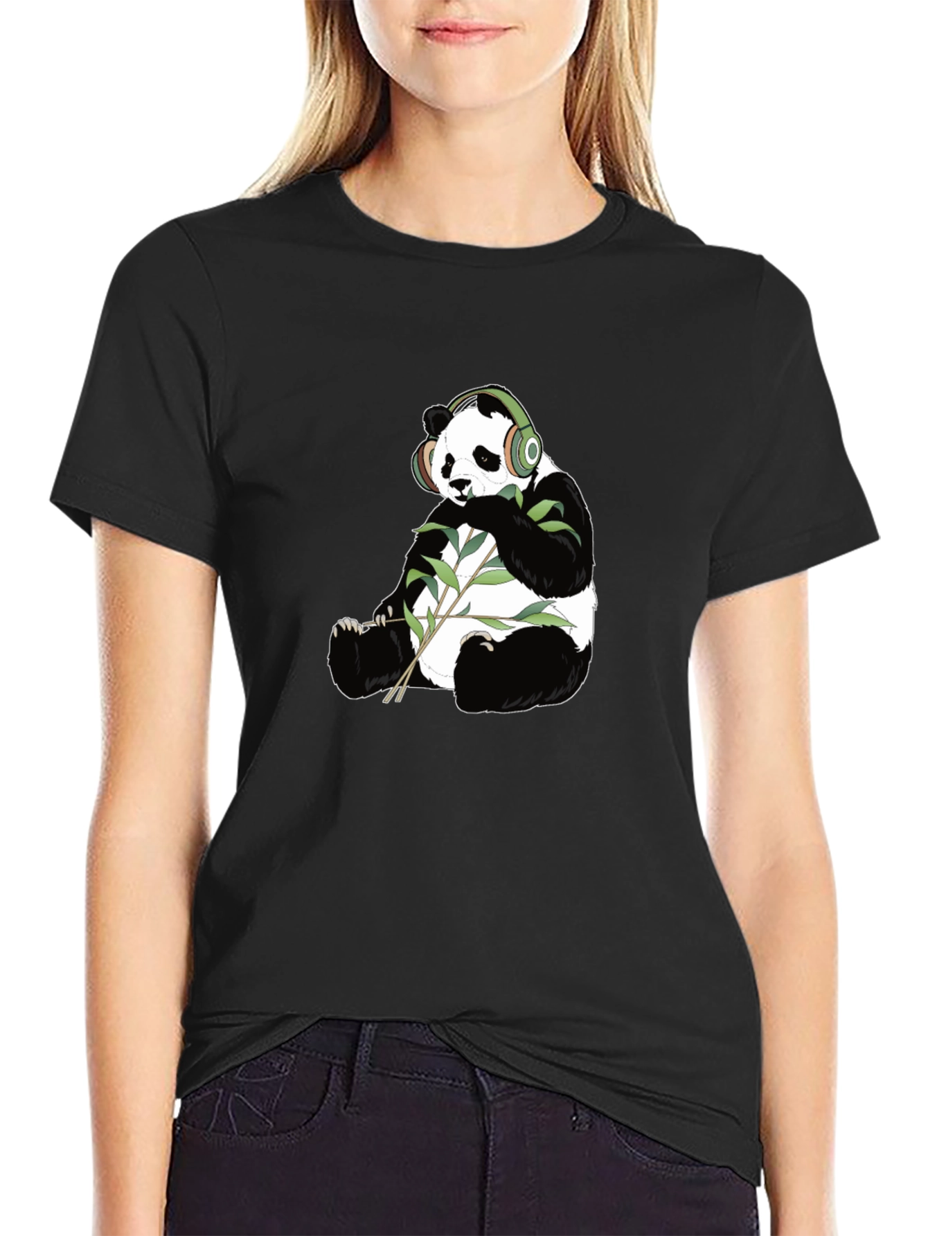 Panda with Headphones Graphic Tee - Black Cotton