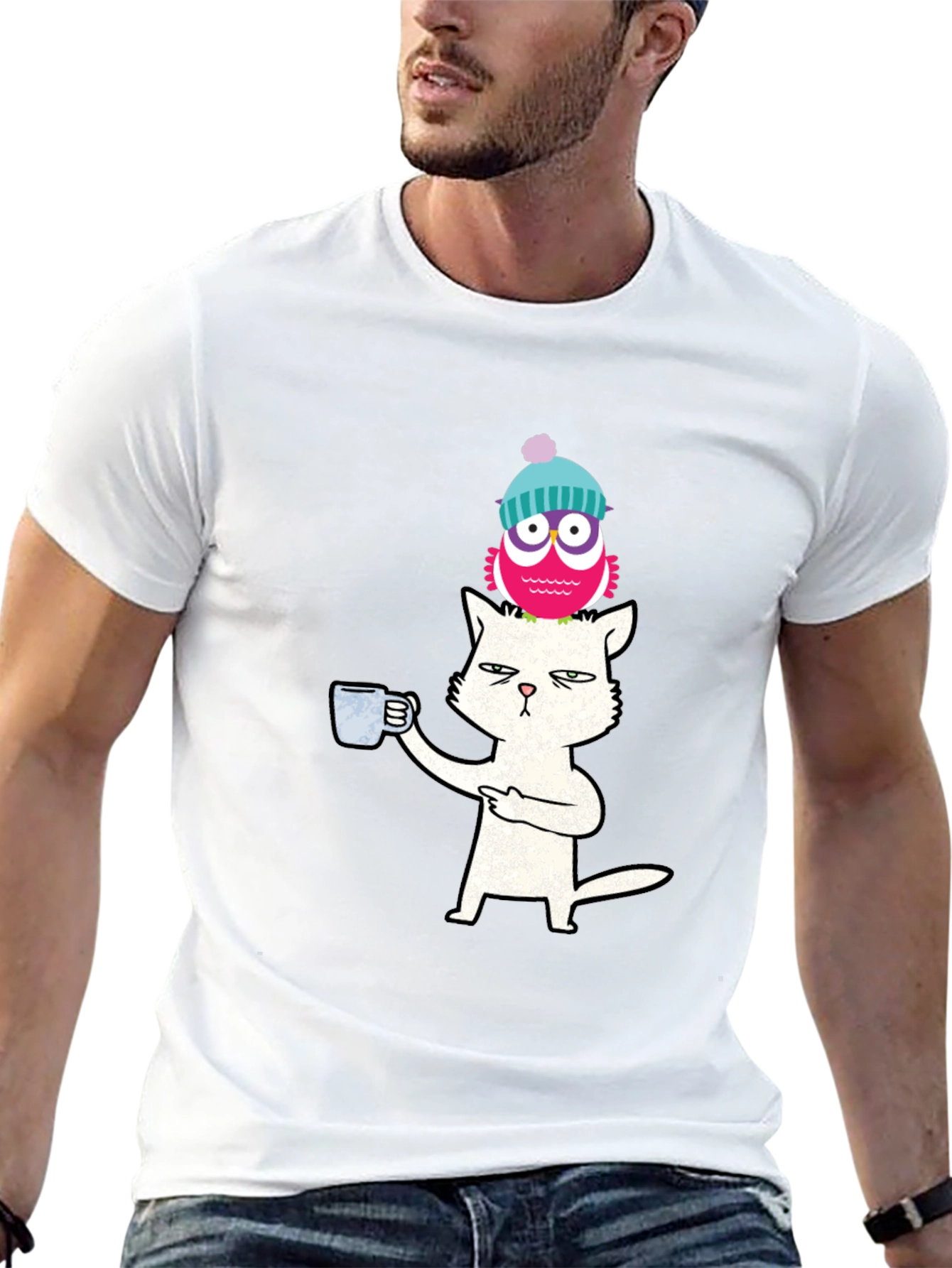 Cat With Coffee & Owl On Head T-Shirt