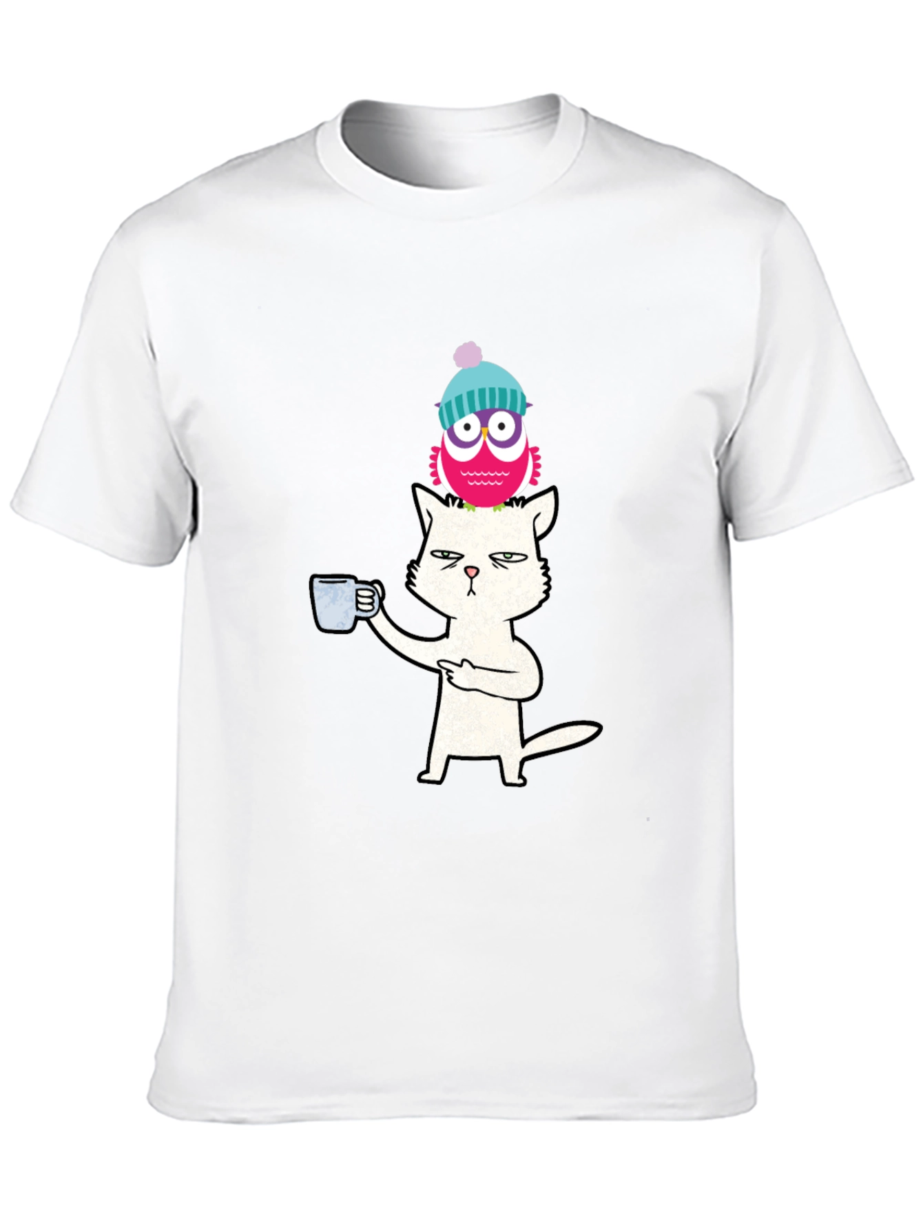 Cat With Coffee & Owl On Head T-Shirt