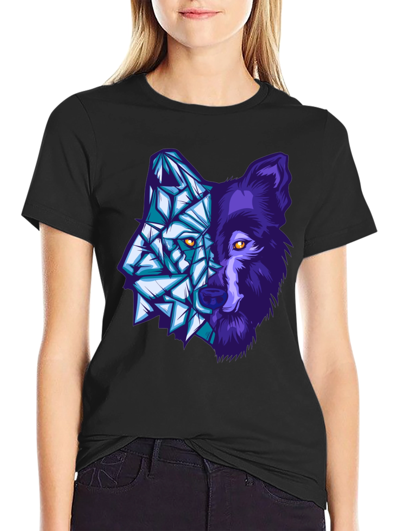 Geometric Wolf Graphic Tee - Black