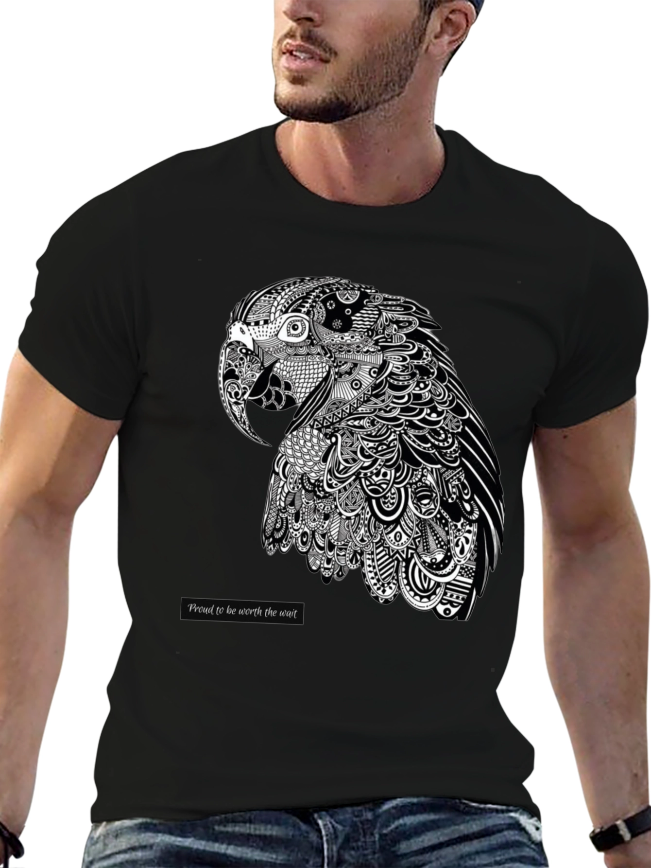 Artistic Parrot Graphic Tee - Black Cotton Blend