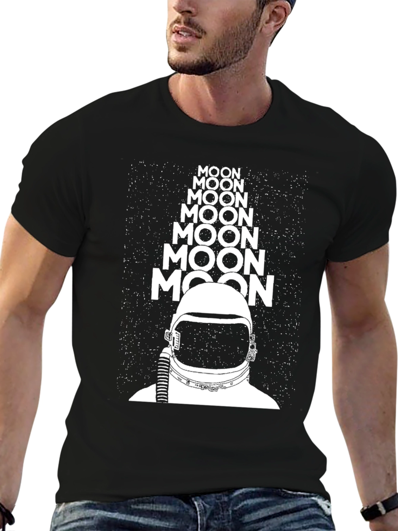 Moon Astronaut Graphic Tee - Black Crew Neck T-Shirt