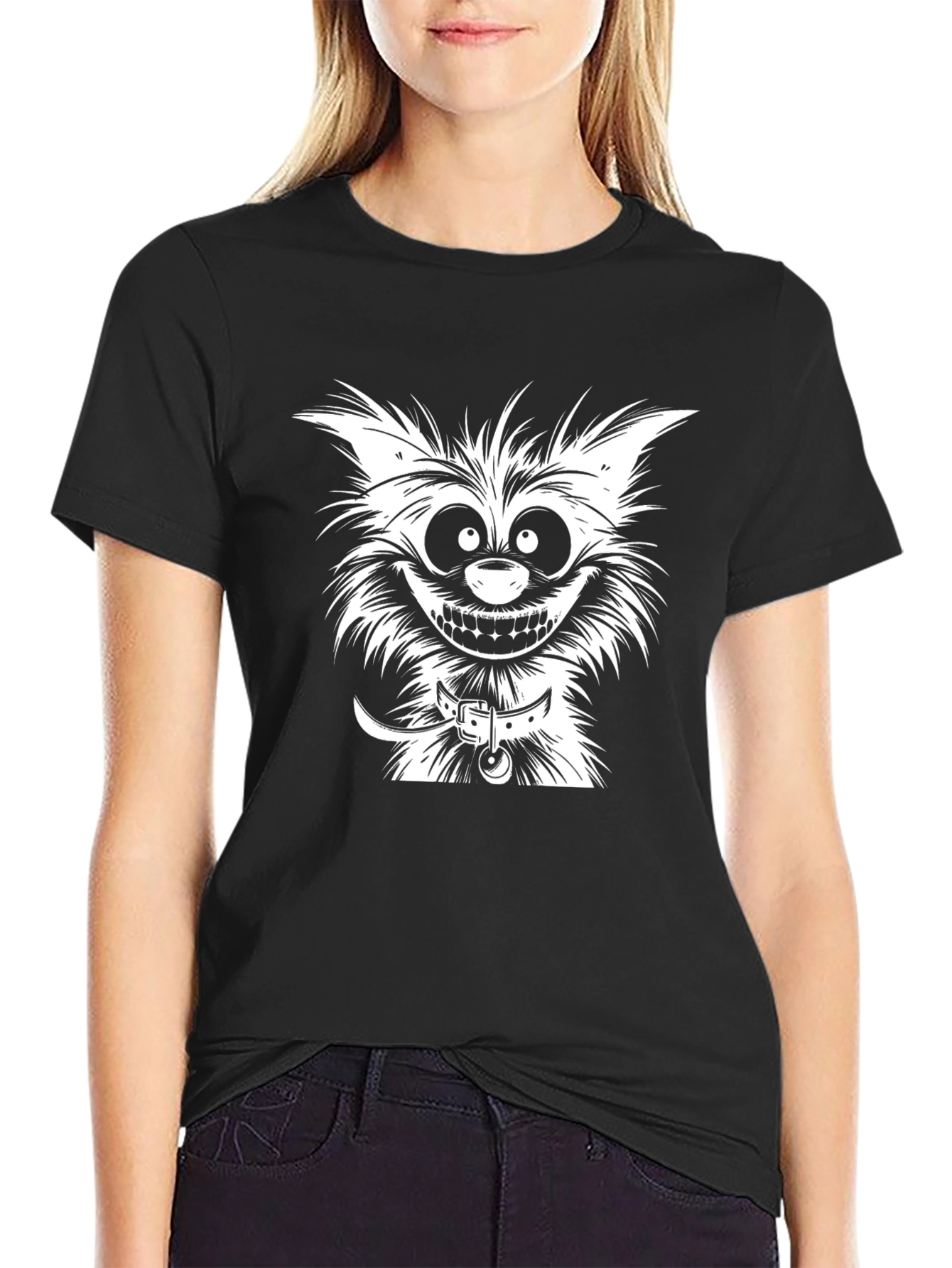 Cartoon Cat Graphic Tee - Black Cotton T-Shirt