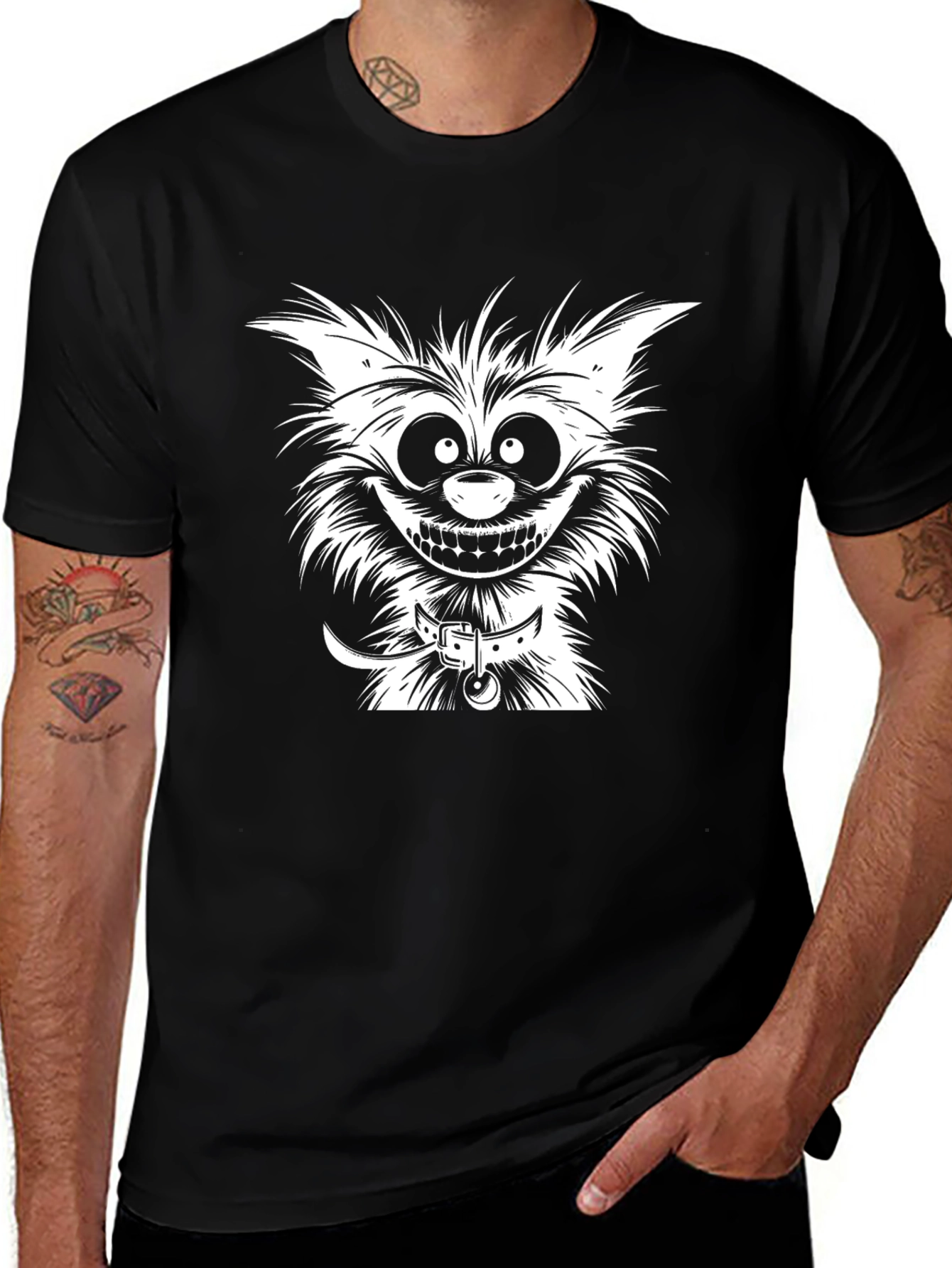 Cartoon Cat Graphic Tee - Black Cotton T-Shirt