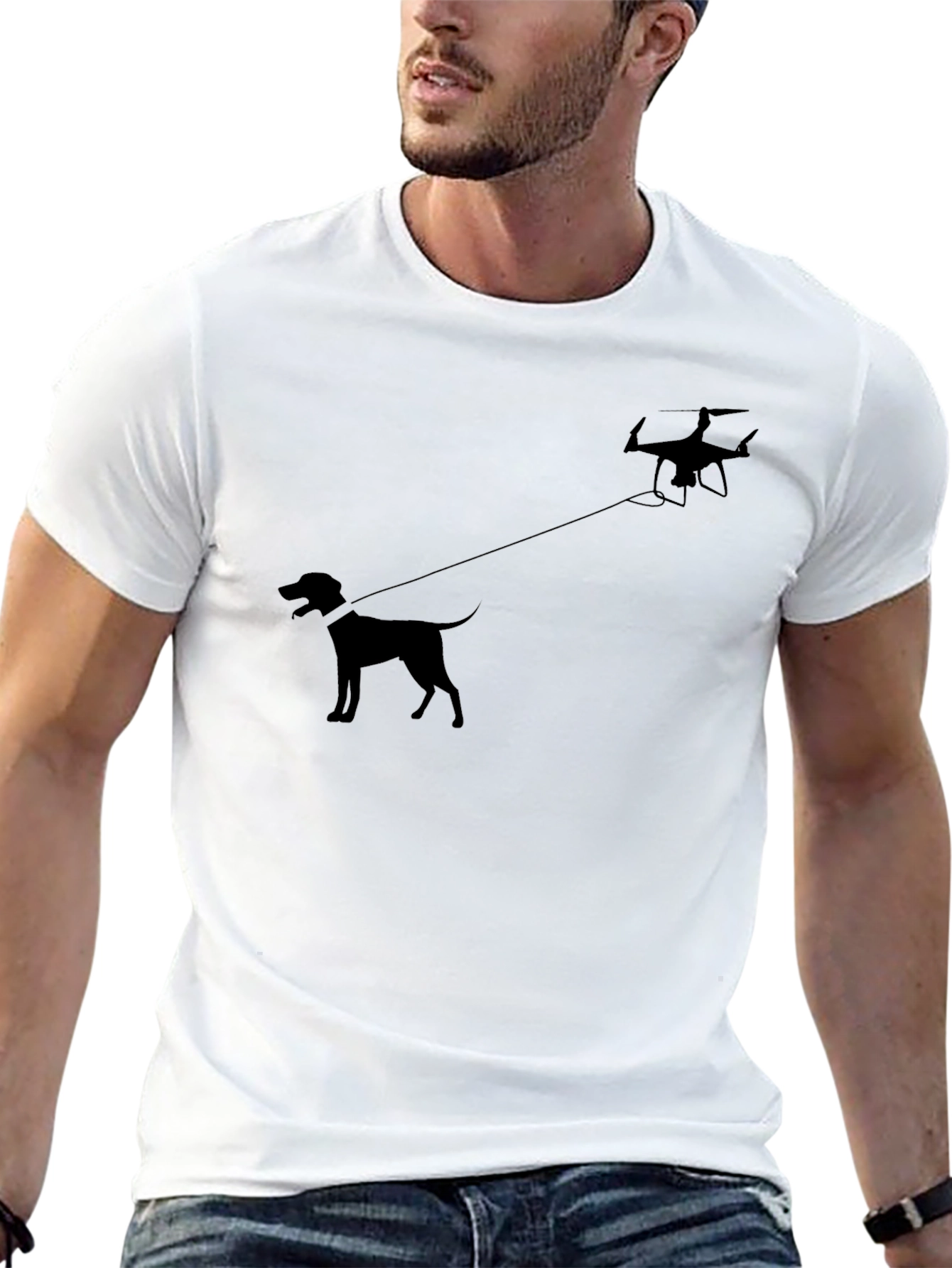 Drone Dog Walker Graphic T-Shirt - Black Cotton