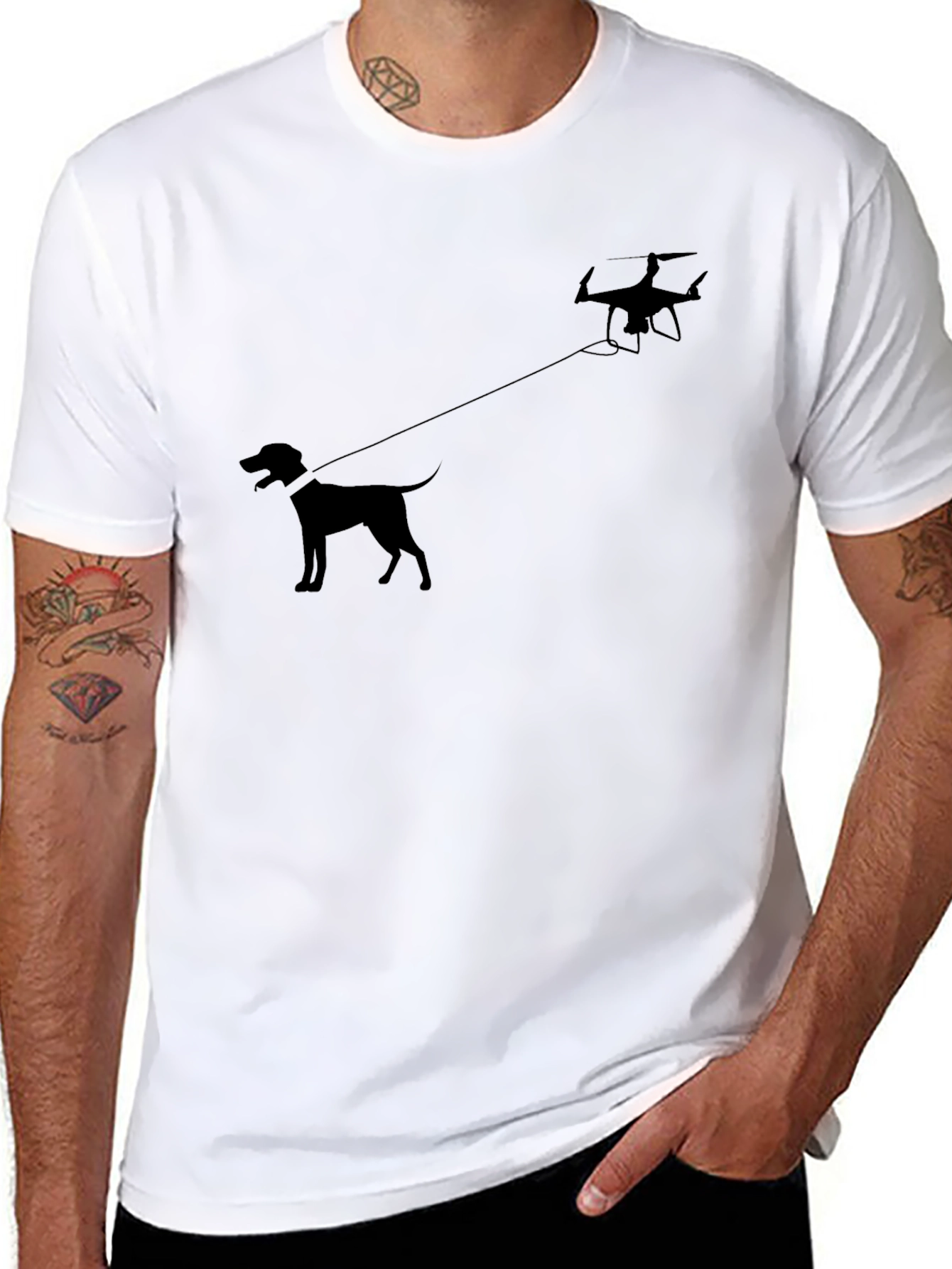 Drone Dog Walker Graphic T-Shirt - Black Cotton