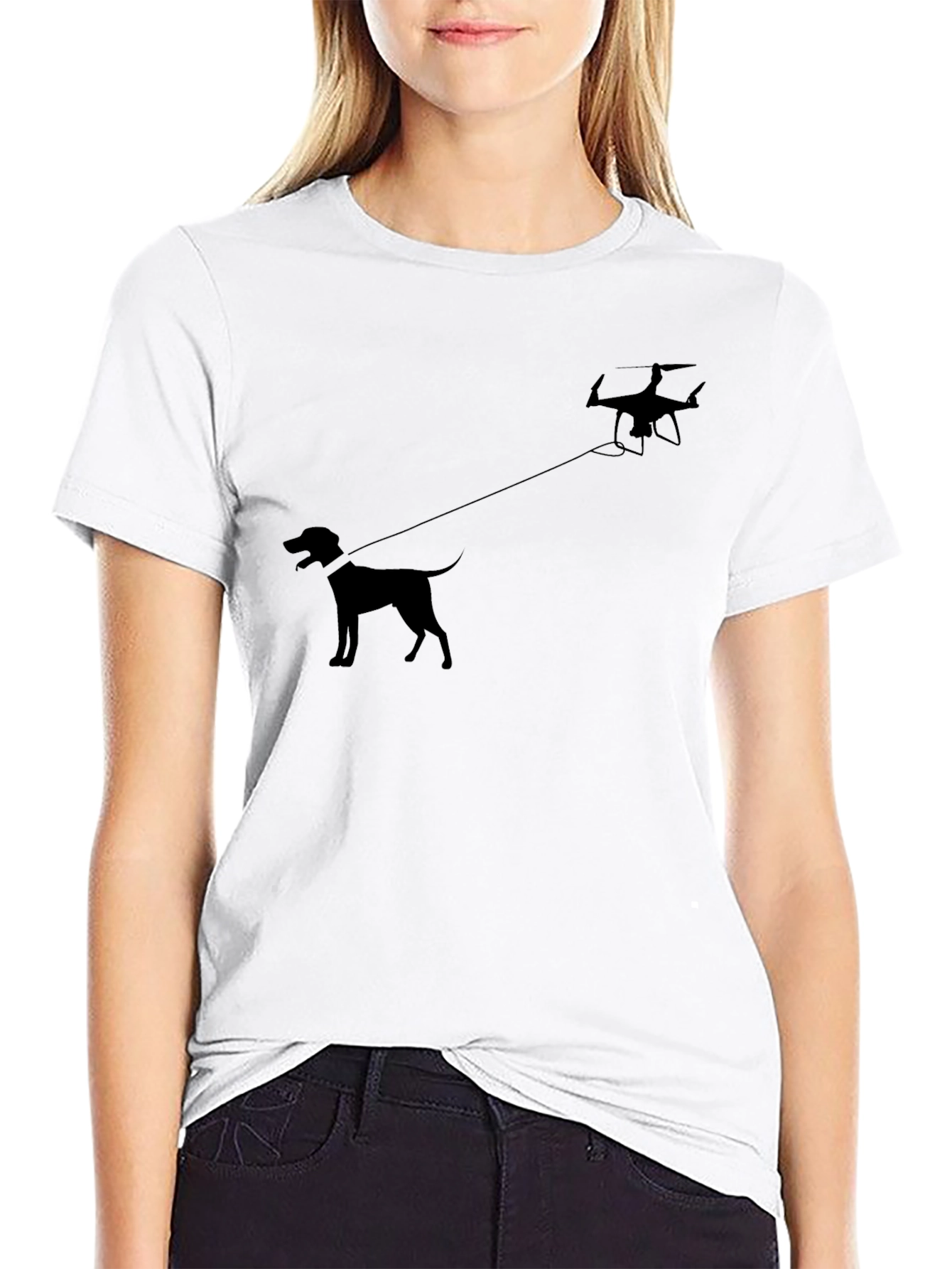 Drone Dog Walker Graphic T-Shirt - Black Cotton