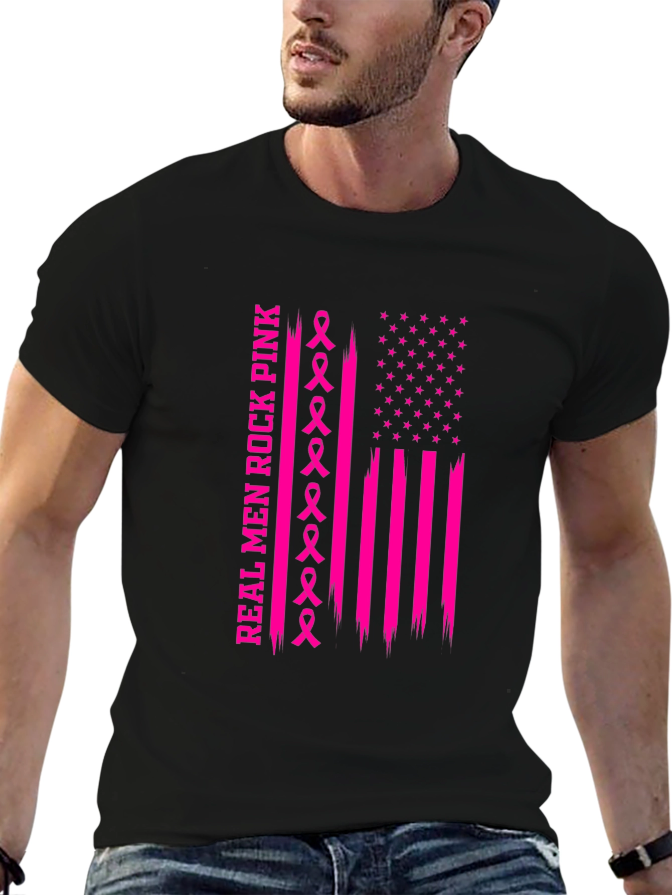 Real Men Rock Pink Breast Cancer Awareness T-Shirt