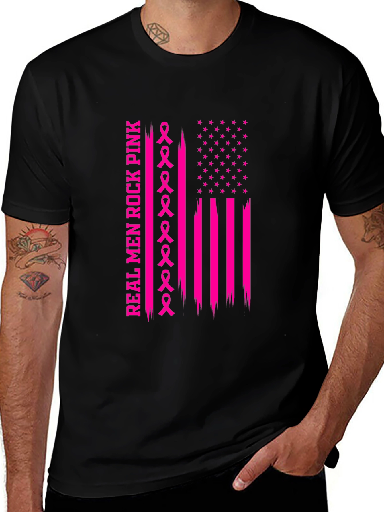 Real Men Rock Pink Breast Cancer Awareness T-Shirt