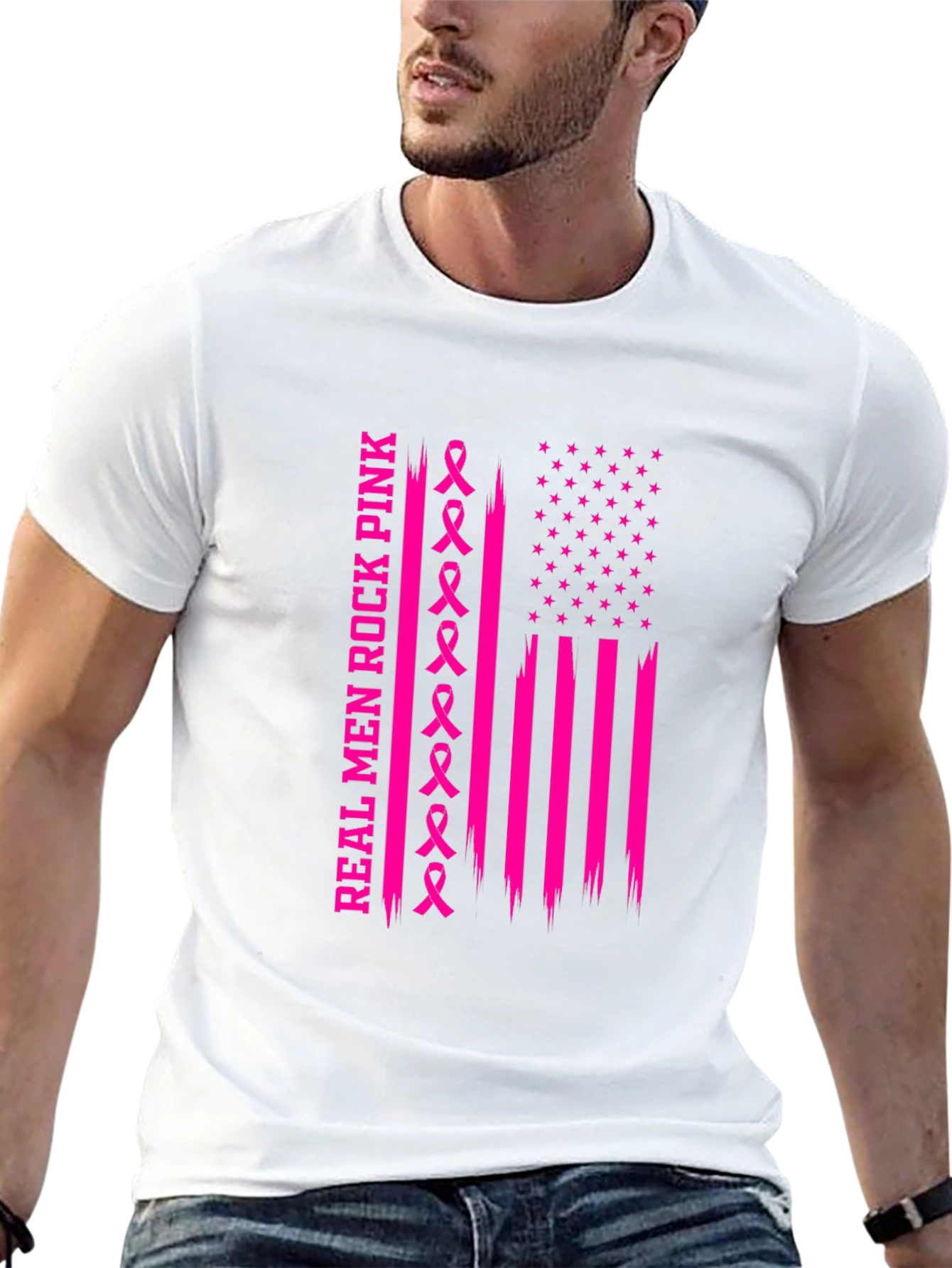 Real Men Rock Pink Breast Cancer Awareness T-Shirt