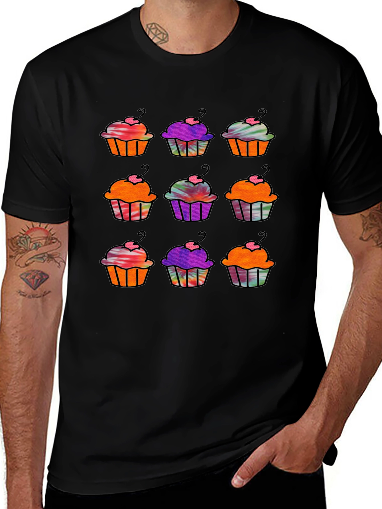 Cupcake Pattern Black T-Shirt